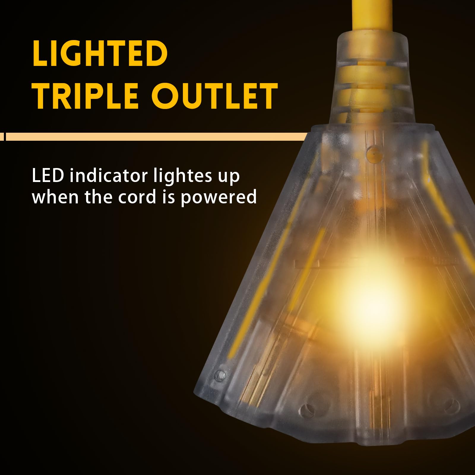 Ep 50 Ft Lighted Outdoor Extension Cord With 3 Electrical Power Outlets   14/3 Sjtw Heavy Duty Yellow Extension Cable With 3 Pro