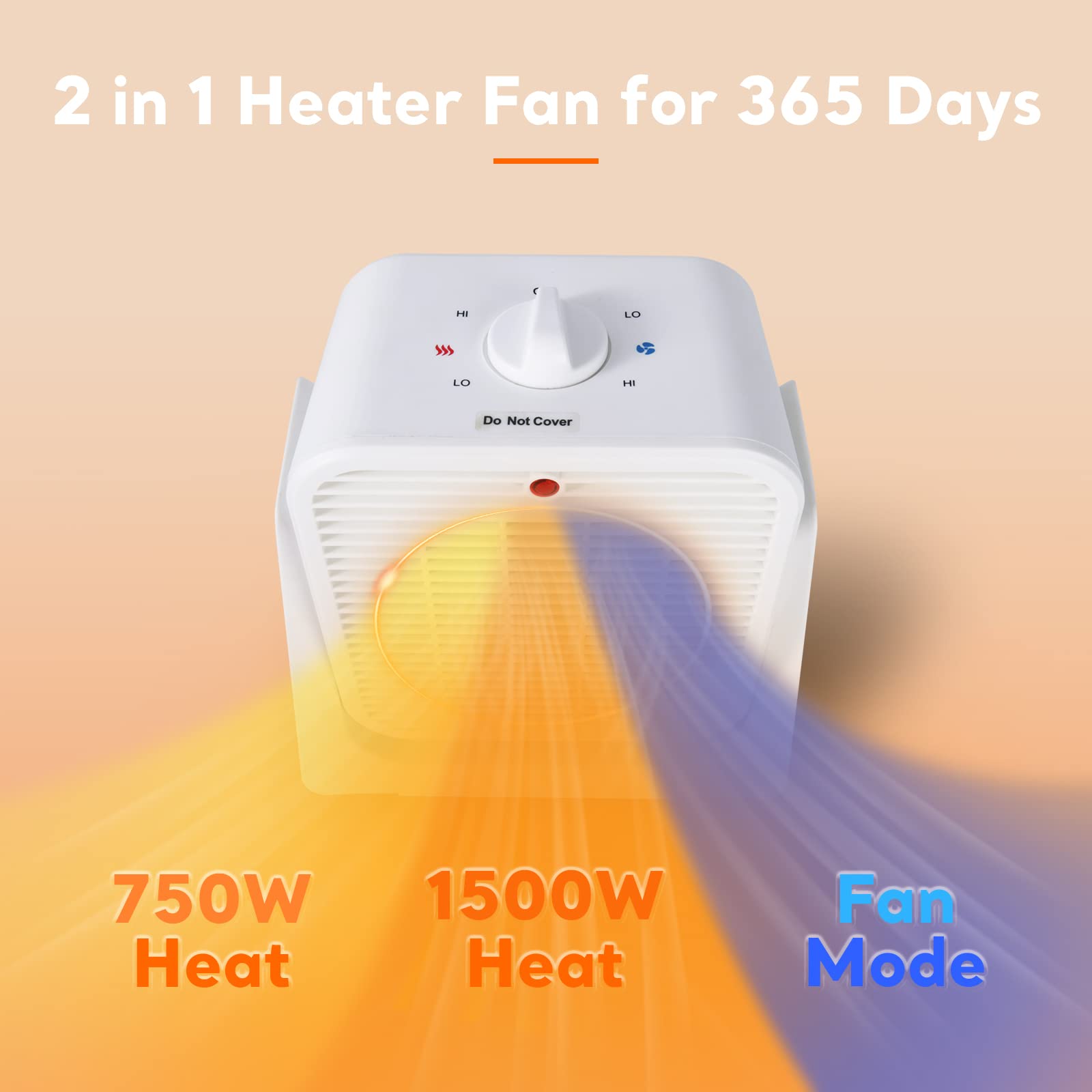 Heater And Fan Combo For Desk, 2 In 1 Heater Fan W/Fast Heating & Fan Modes, 45 Adjustable Angle, Overheated & Tip Over Protecti