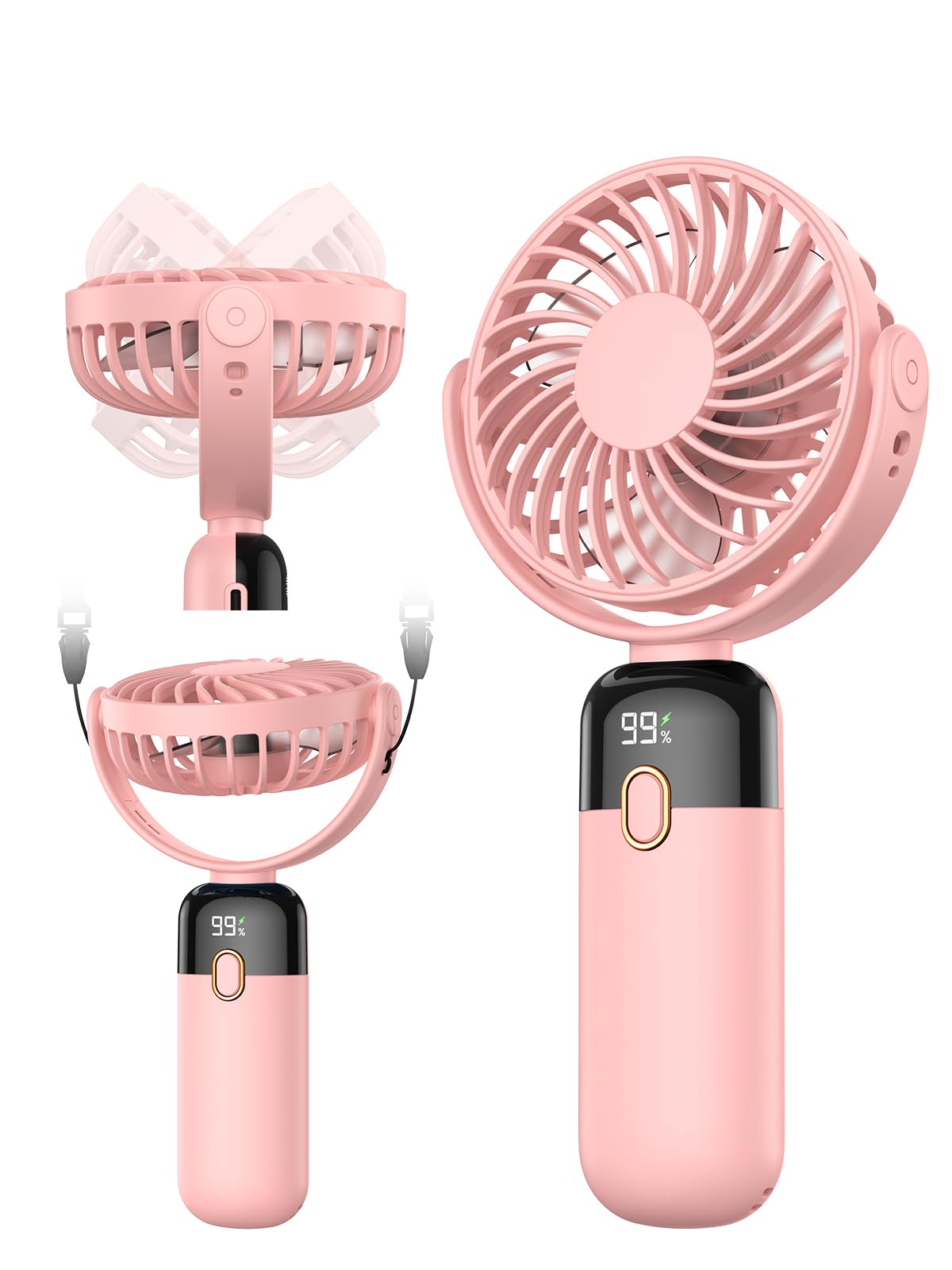 TOPK Portable Handheld Fan, 5000mAh Battery Operated with LED Display, Handheld/Neck/Desk 3 in 1 Personal Mini, 360 Rotatable 4 