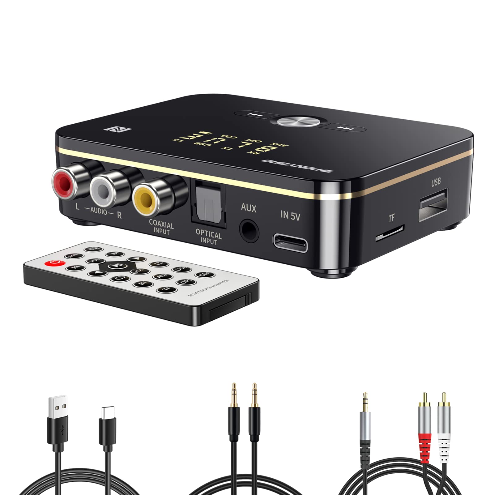 Ponybro Bluetooth 5.0 Audio Receiver Transmitter 2 In 1 With Remote, Bluetooth Hi Fi Audio Adapter With 3.5Mm&Rca,Coaxial,Optica
