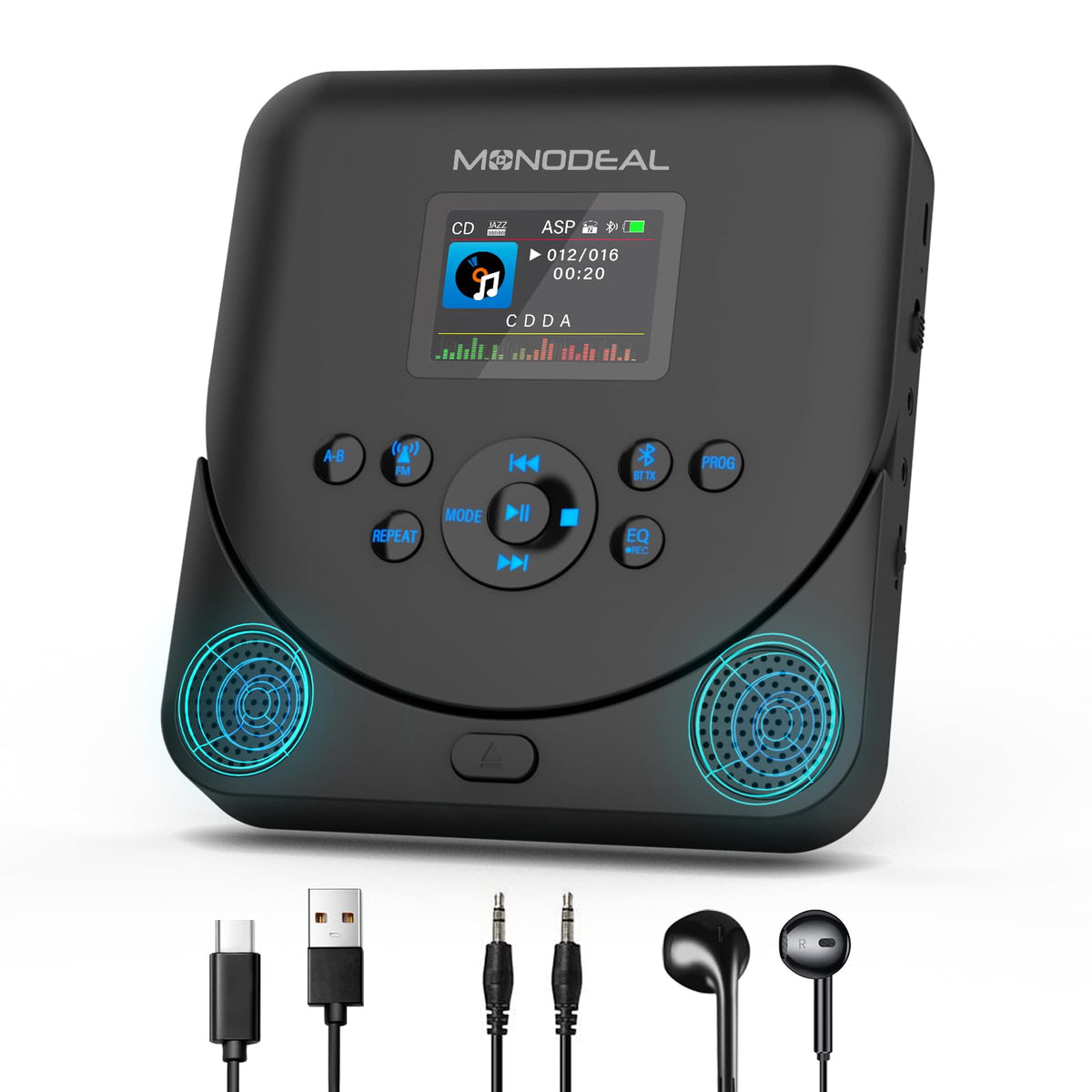 Cd Player Portable,Monodeal Bluetooth Cd Player With Speakers And Fm Transmitter,Support Tf Card,Rechargeable Cd Player For Car/Home With 2.0� Tft Screen