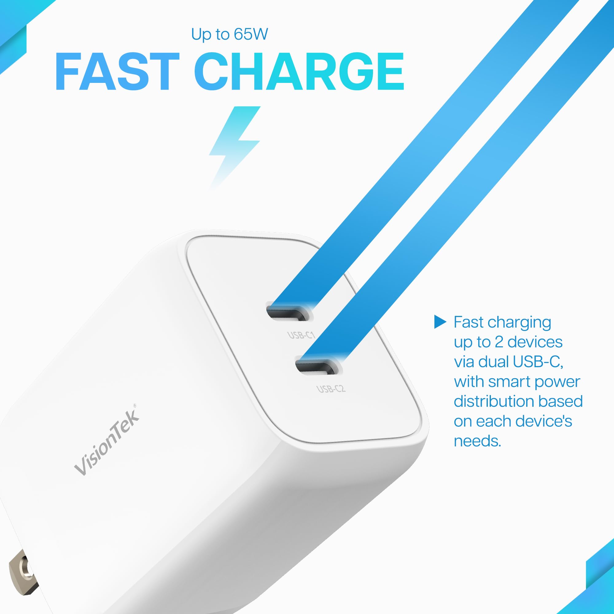 Visiontek Gan Ii 65W Wall Fast Charger - Dual Usbc Port - 2X Usb-C - Compatible With Macbook Pro/Air, Ipad, Iphone, Galaxy, Stea