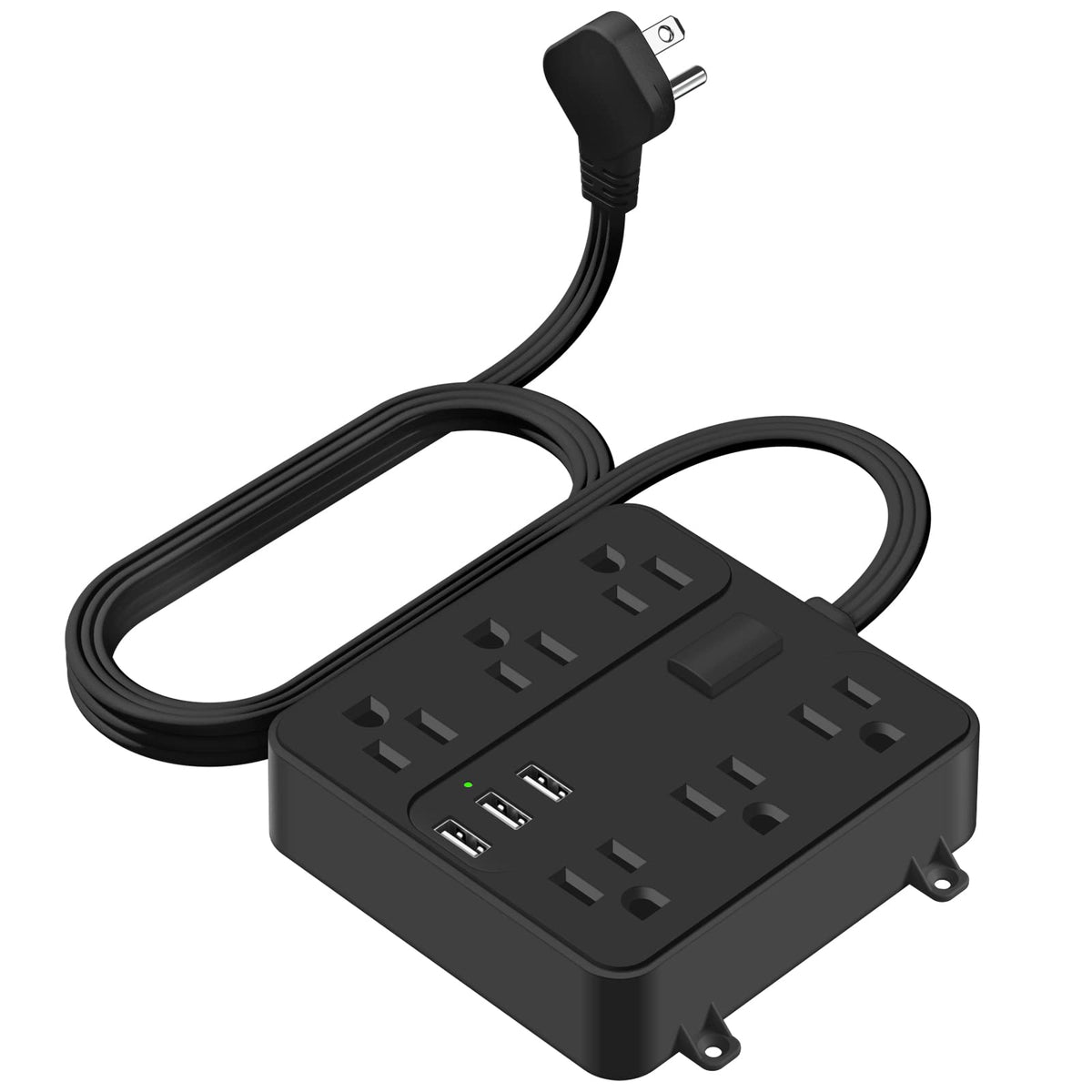 Flat Plug Power Strip  6 Widely Outlets And 3 Usb Charging Ports, 6Ft Extension Cord With Multi Plug Outlet Extender,Wall Mount,