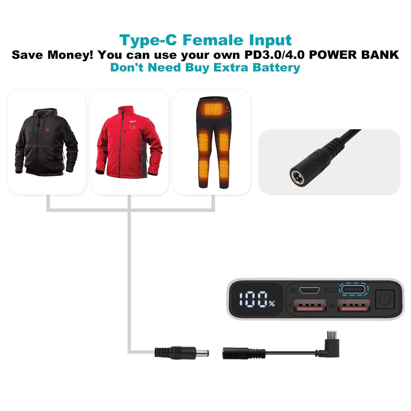 Smarkey 12V Heated Jacket Battery Step Up Adapter Charger Cable Compatible With Milwaukee, M12, Makita, Snapon, Metabo, Craftsma
