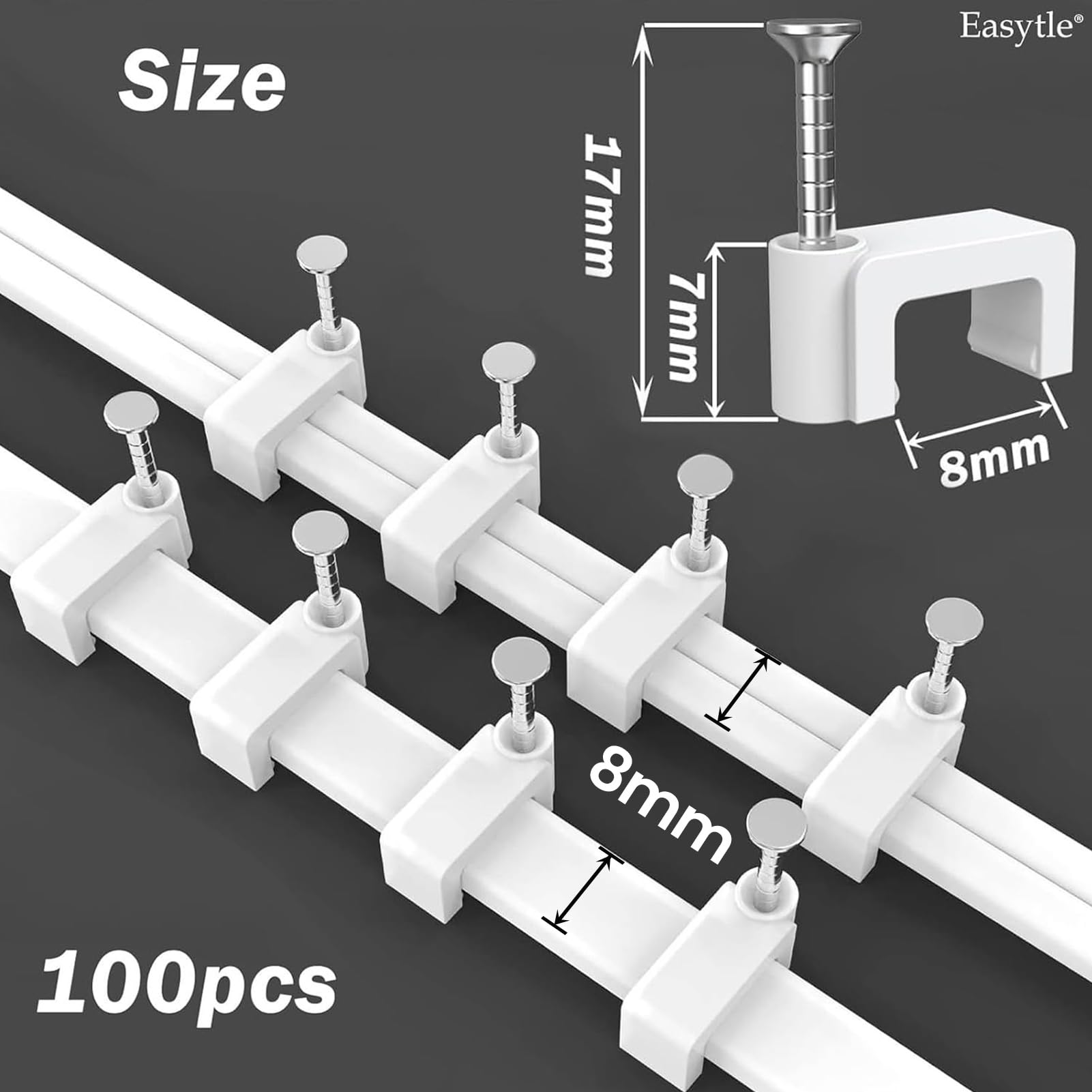 Easytle 8mm Flat Cable Clips 100 Pcs for Ethernet Coax Speaker Wire Cat5/Cat6/Cat7 Plastic White