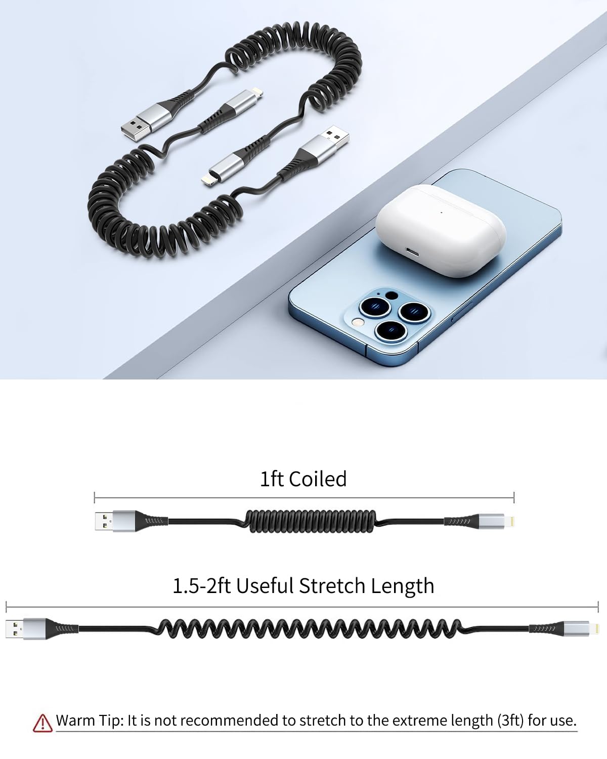 Coiled Lightning Cable, 2 Pack Coiled Iphone Charger Cable For Car Short Retractable Iphone Lightning Cable Compatible With Appl