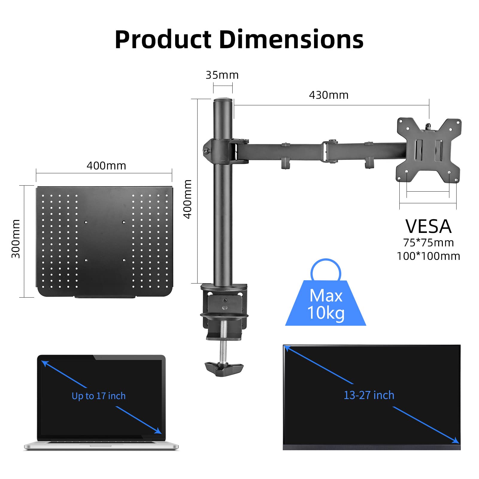 Suptek Single Laptop Notebook Desk Mount With Tray For 13 27 Inch Computer Screen, Fully Adjustable Laptop Desk Arm For Laptop N