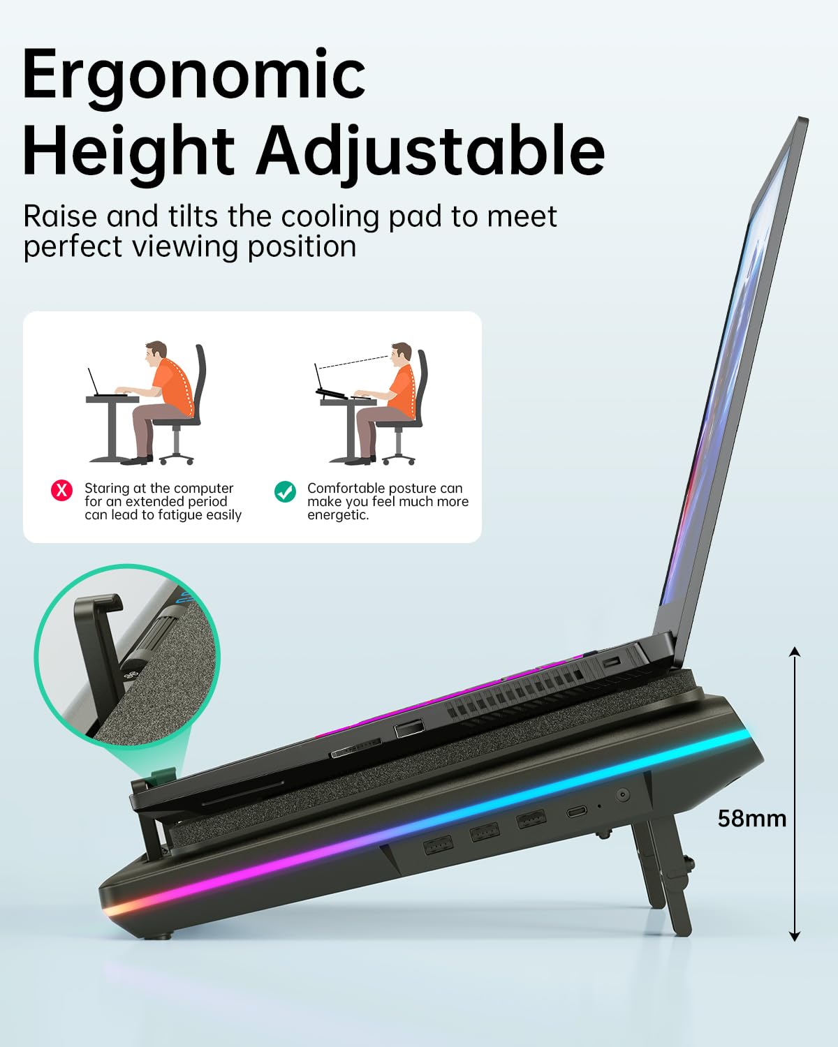 Llano Laptop Cooling Pad, Black, Powerful Turbofan, Rgb, Touch Control, Lcd Screen, Seal Foam, 15 19In