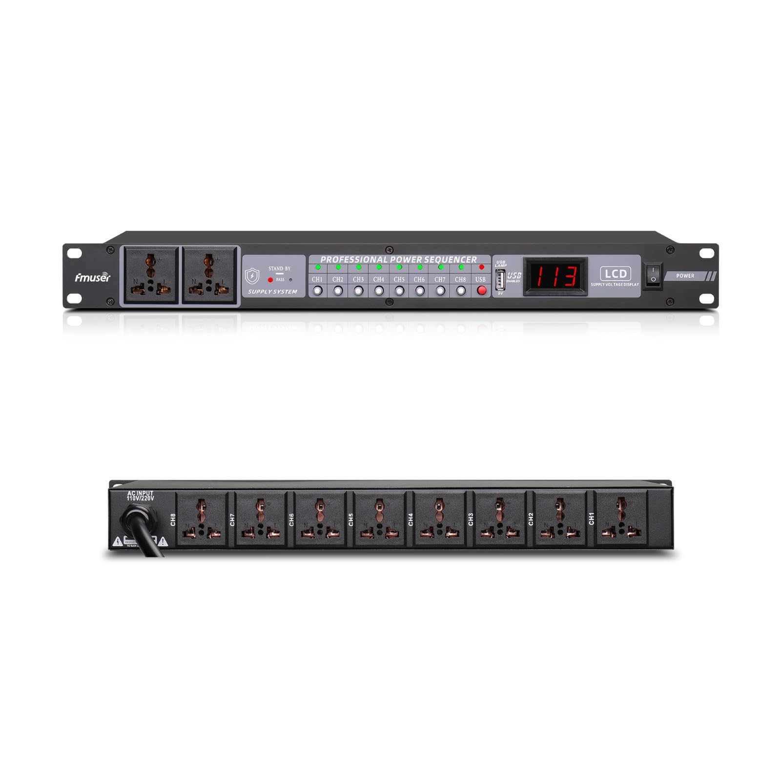 FMUSER 10-Outlet Power Sequencer Conditioner, 3000W Rack Power Conditioner with Independent Power Switch Surge Protector LCD Dis
