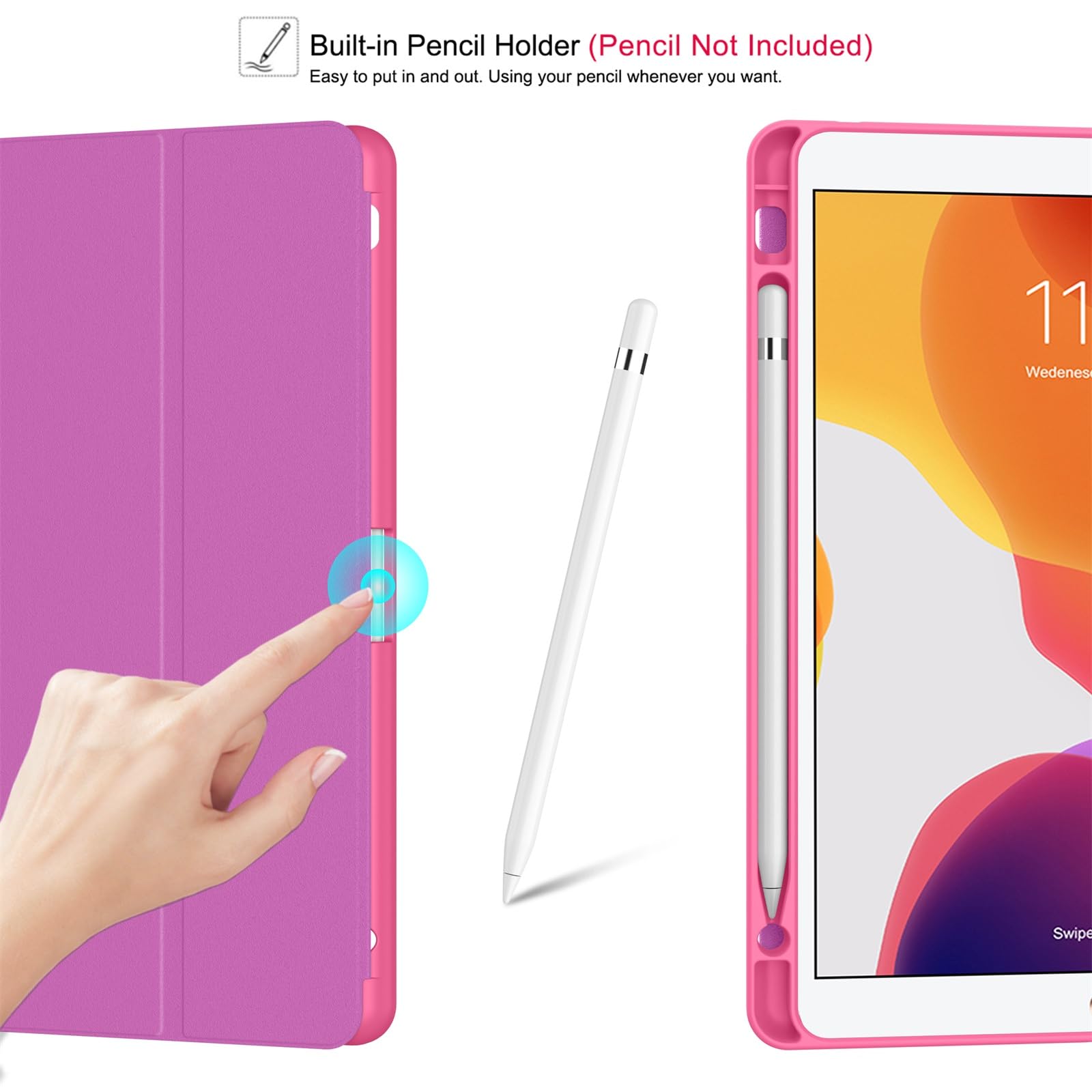Soke Case For Ipad 9Th Generation 2021/8Th Gen 2020/7Th Gen 2019 With Pencil Holder   Premium Shockproof Case With Soft Tpu Back Cover & Auto Sleep/Wake For Ipad 10.2 Inch, Book Hot Pink