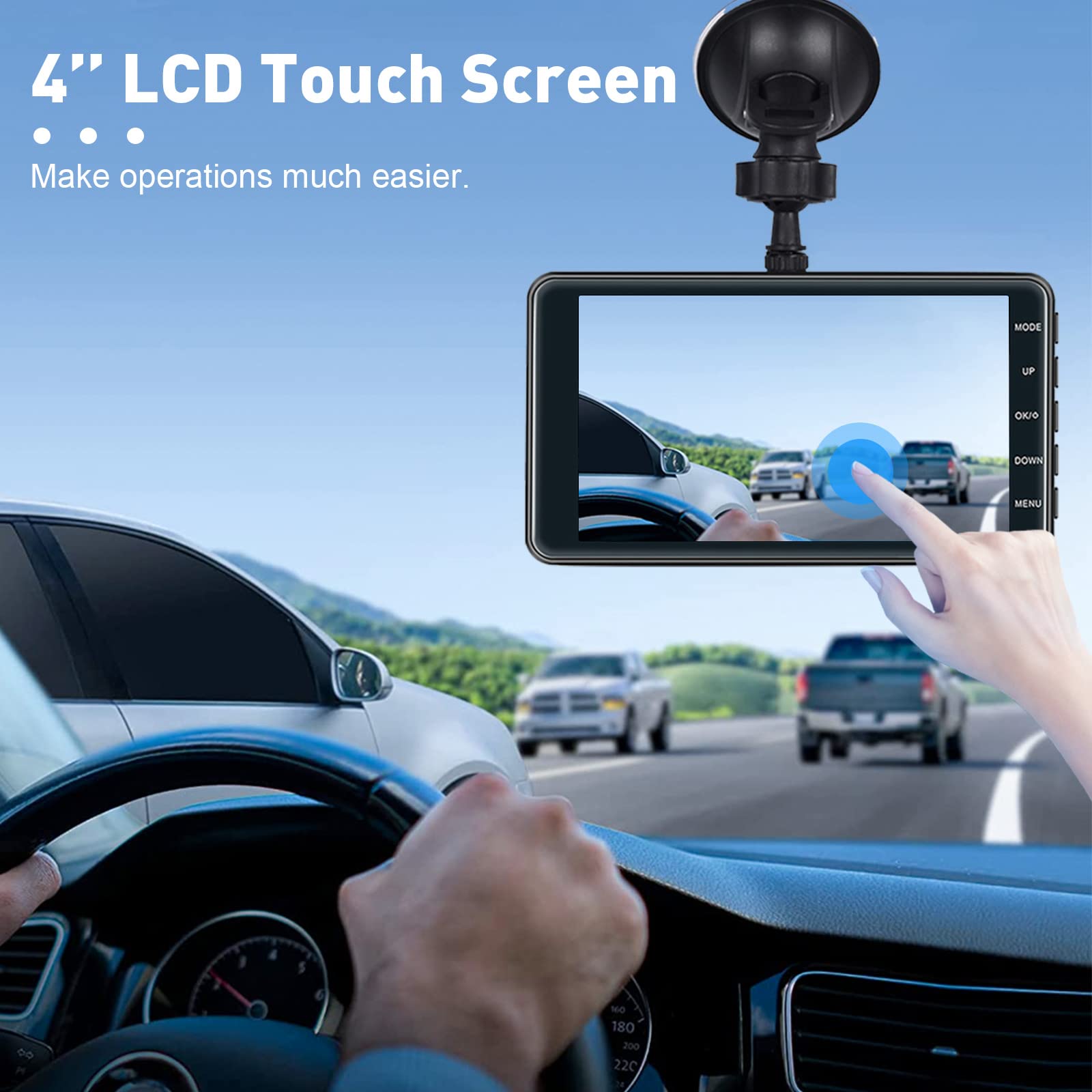 Roinvou Dual Dash Cam Front And Rear View, 4'' Lcd Touch Screen Fhd 1080P Dashboard Camera Recorder Car Dashcam With Rear Camera