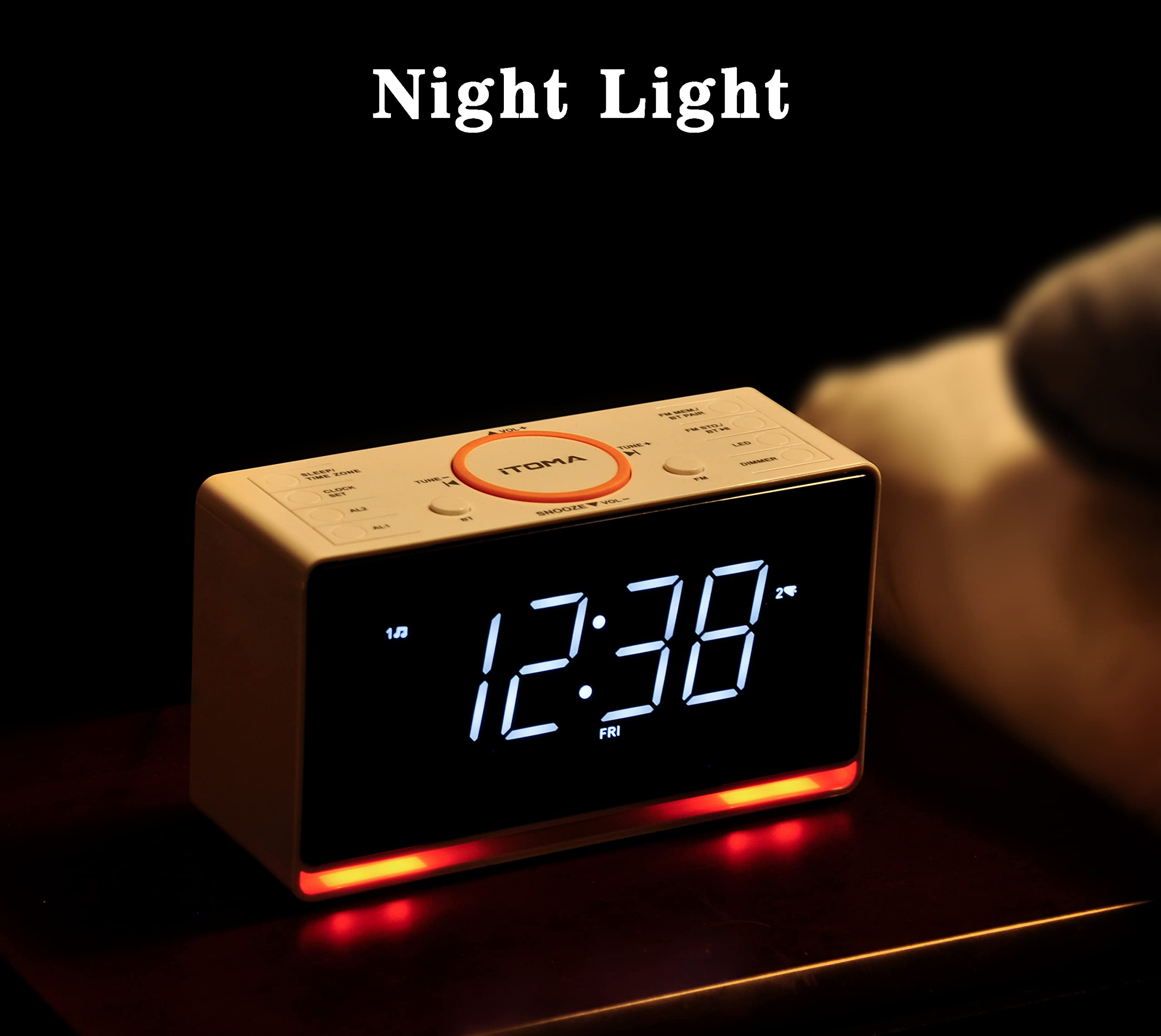 Itoma Alarm Clock Radio, 1.4'' White Led Display Clock With Bluetooth, Fm Radio, Dual Alarm, Sleep Timer, Snooze, Auto & Manual