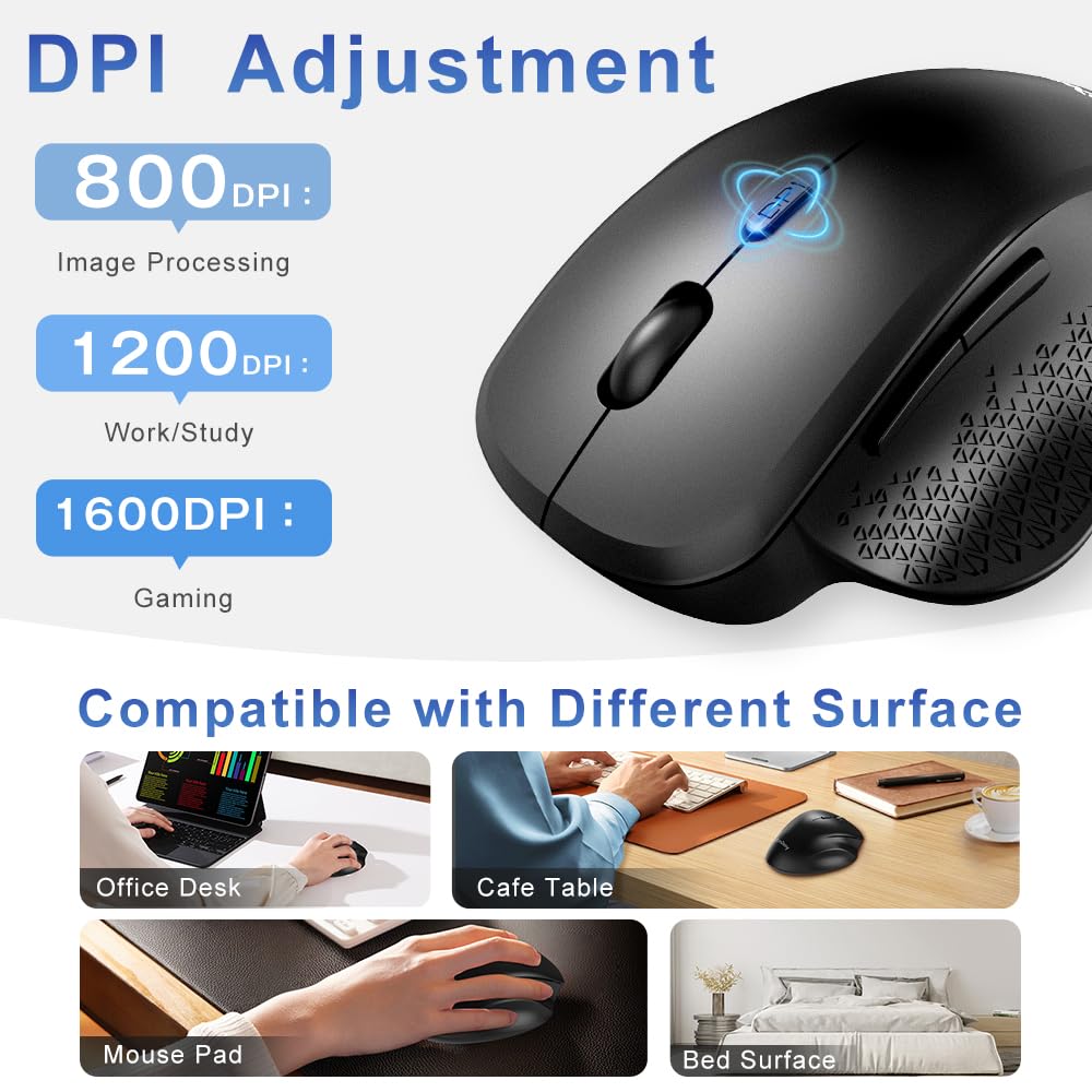 Anycool Bluetooth Mouse, Wireless Mouse, Ergonomic Mouse, 2.4Ghz With Usb Receiver, 1600 Dpi Optical Tracking, Quiet Clicks, Com