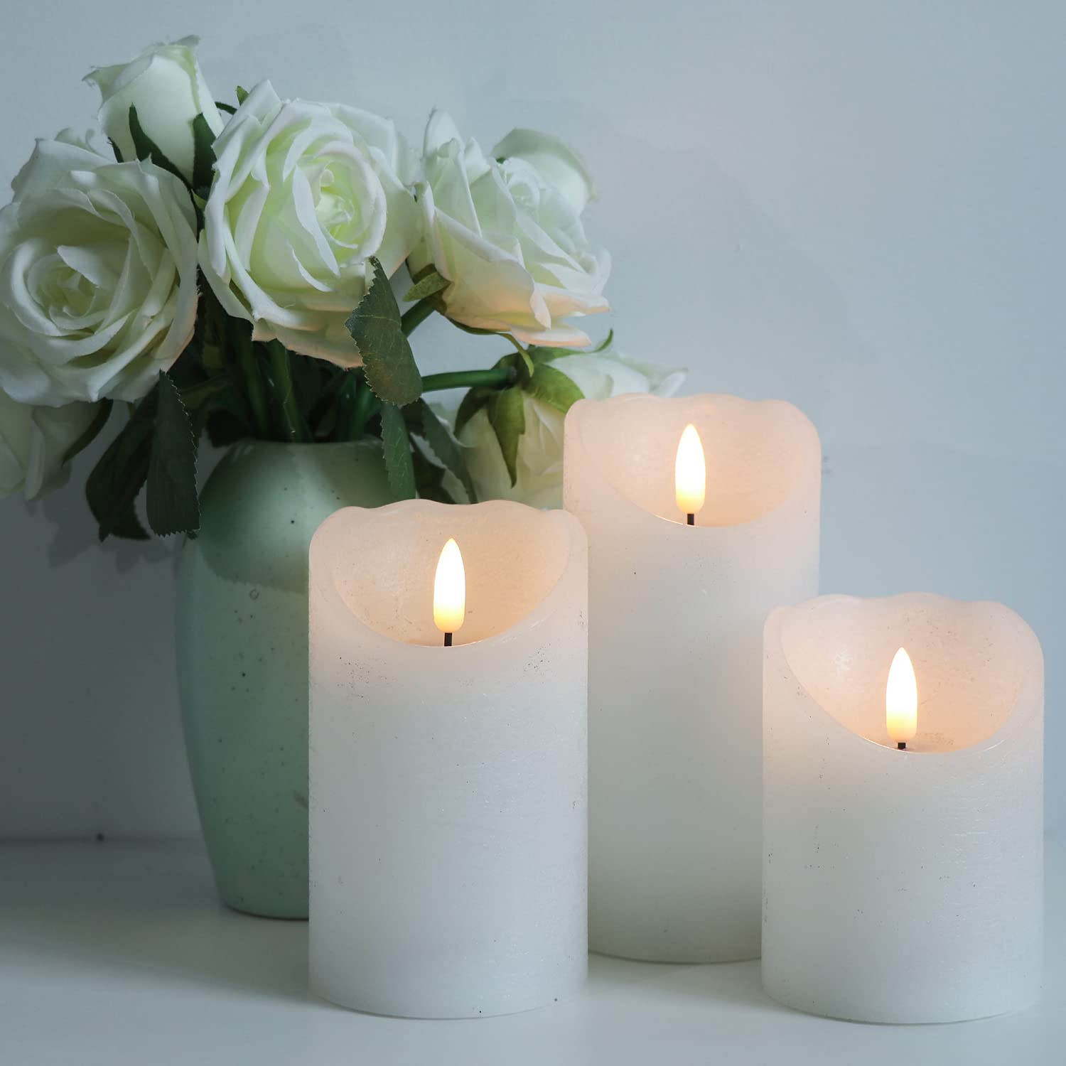 Eldnacele Flameless Flickering Candles With Remote Timer, 3D Wick Real Wax Battery Operated White Pillar Candles With Remote Set