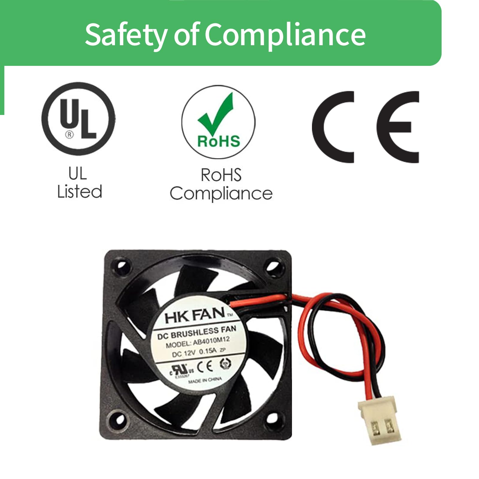 40Mm X 40Mm X 10Mm 4010 12V 0.15A Dc Brushless Ball Bearing Cooling Fan 2Pin Ab4010M12 Ul Tuv