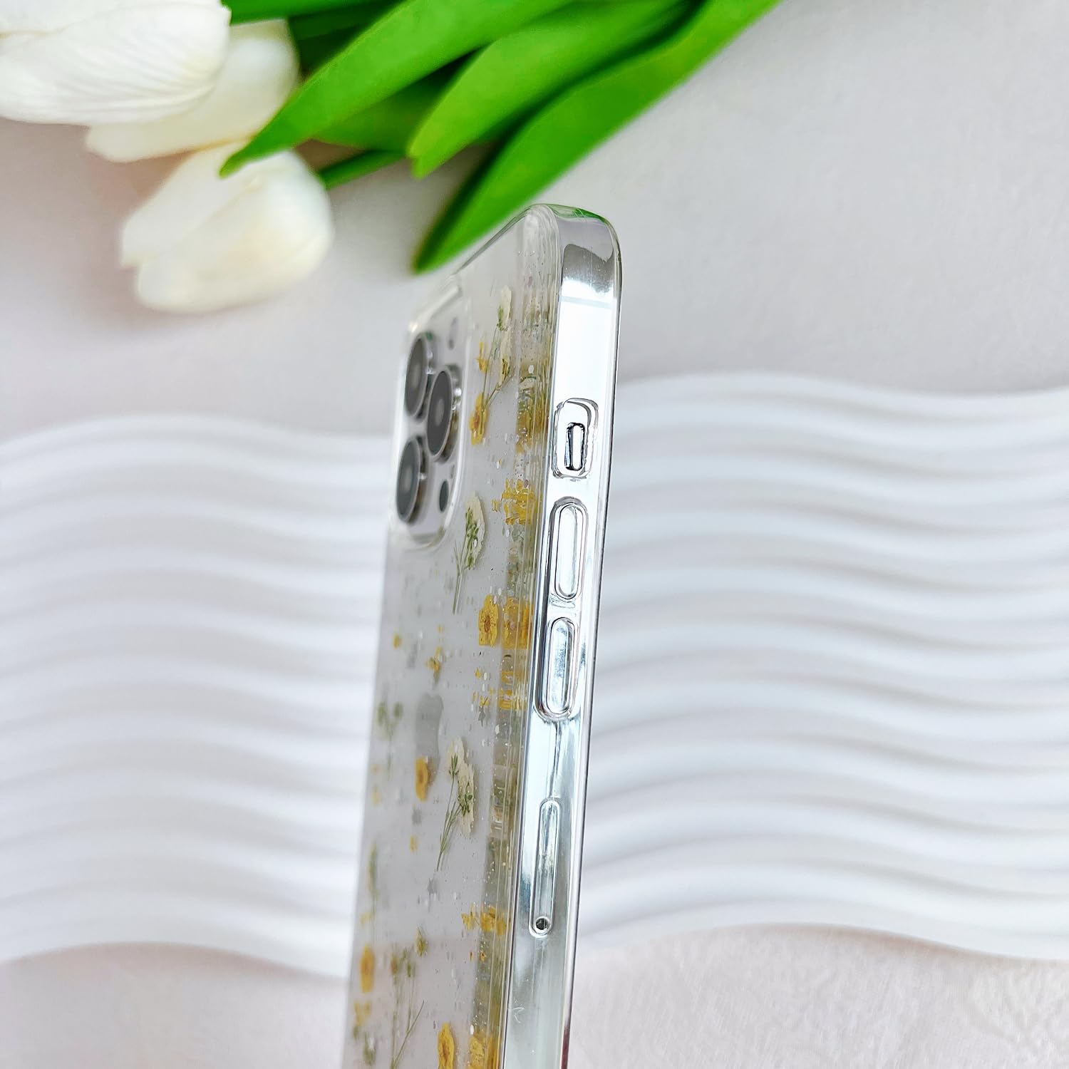 Lseeka For Iphone 13 Pro Clear Case With Pressed Real Flowers Design,Glitter Cute Yellow Floral Pattern Slim Soft Tpu Protective