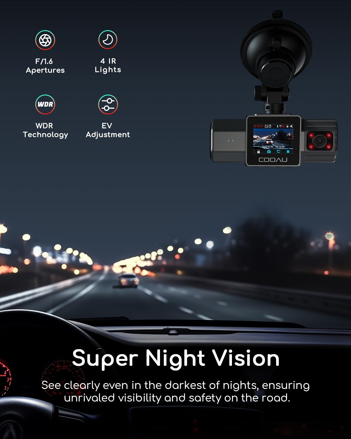 Cooau 4K Dual Dash Cam, Built In Gps Wi Fi, 2.5K+1080P Dash Cam Front And Inside With Infrared Night Vision, Dash Camera With Pa