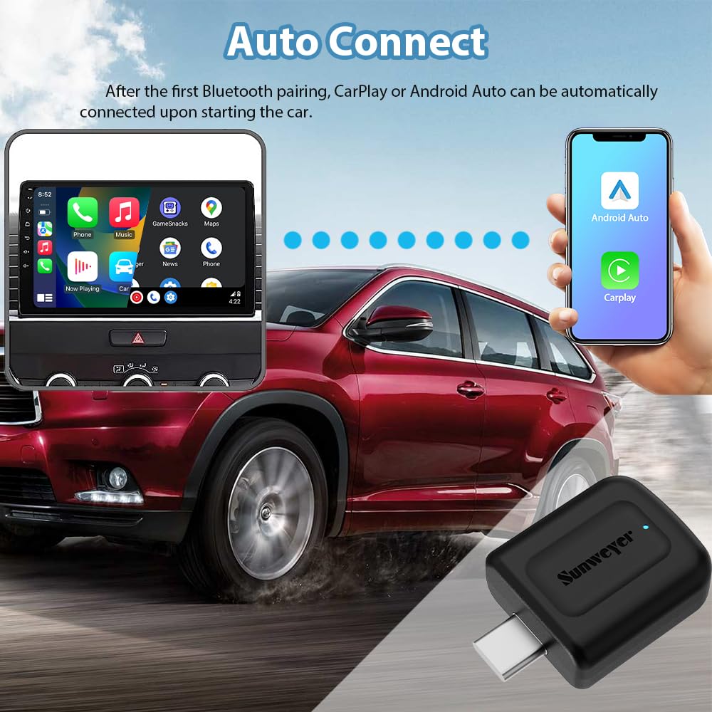 Sunweyer 2024 Latest Wireless Carplay & Android Auto Dongle 2 In 1 Auto Connect Box,Usb Type C Port,Supports Online Updates Wire