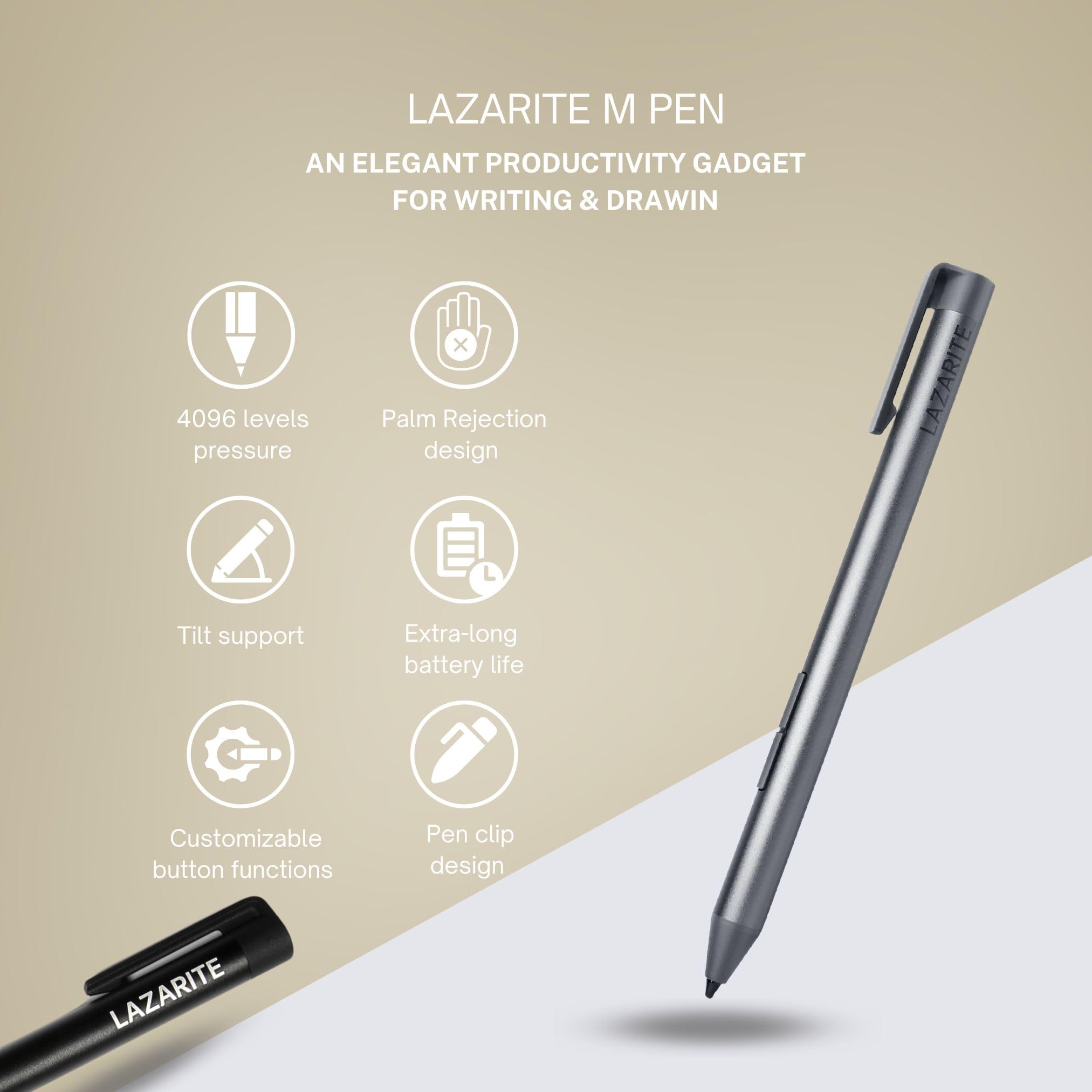 Lazarite M Pen Grey, Active Stylus For Microsoft Surface, Lenovo Yoga 7I/9I, Flex 5, Hp Envy X360/Pavilion X360/Spectre X360, St