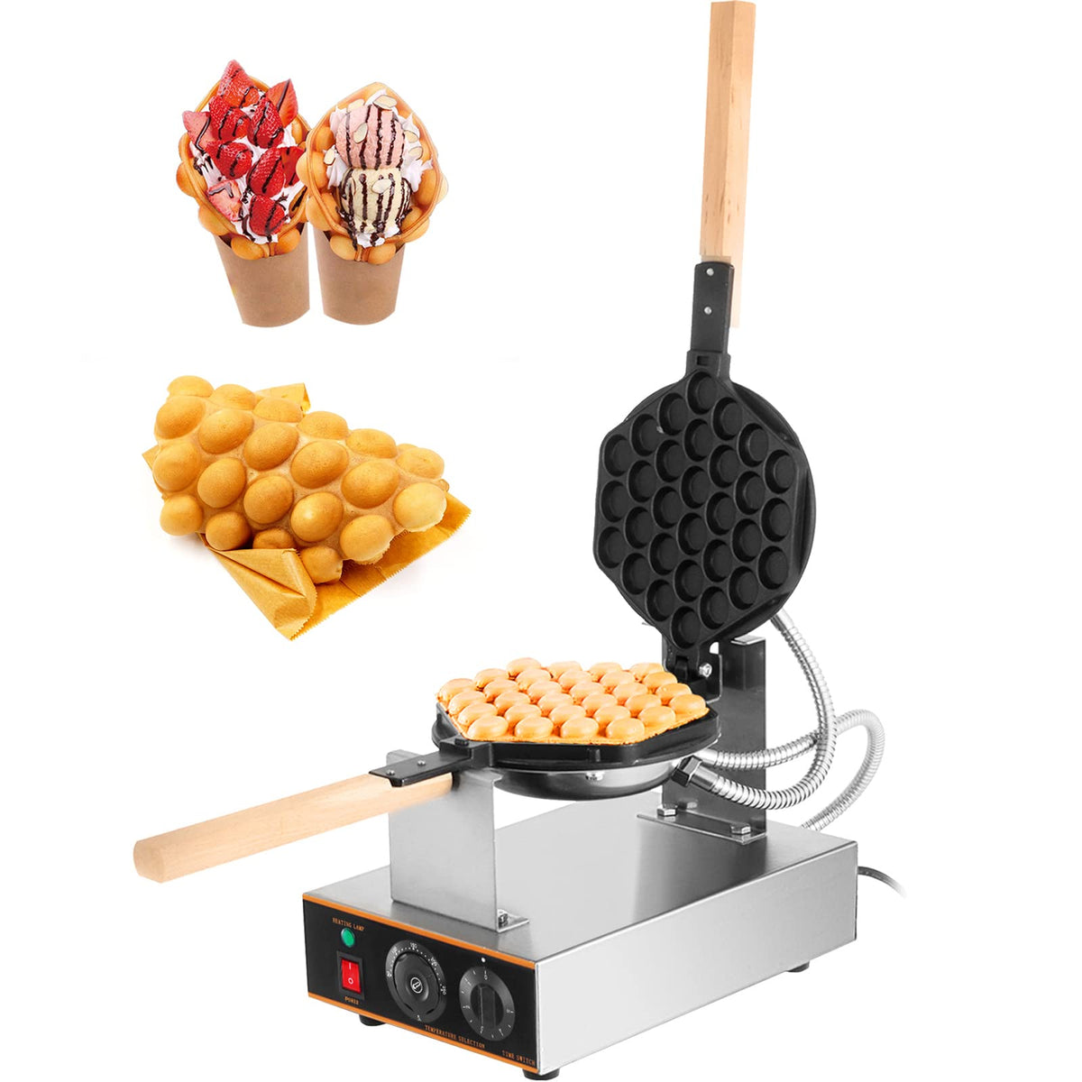 Vevor Commercial Bubble Waffle Maker, 1400W Egg Bubble Puff Iron W/ 180 Rotatable 2 Pans & Wooden Handles, Stainless Steel Baker