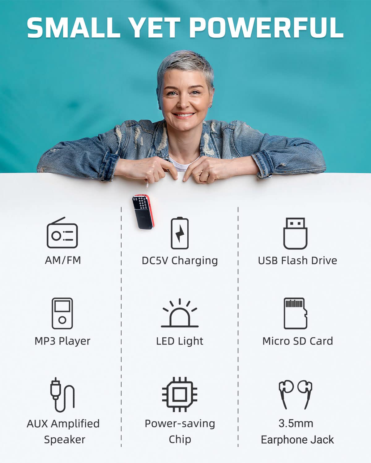 Prunus J 189 Bluetooth Am Fm Radio, Small Portable Radio   Dual Speaker Heavy Bass, Led Flashlight, Pocket Size, Tf Card Usb Aux Mp3 Player, Rechargeable Battery Operated Small Radio(Red)