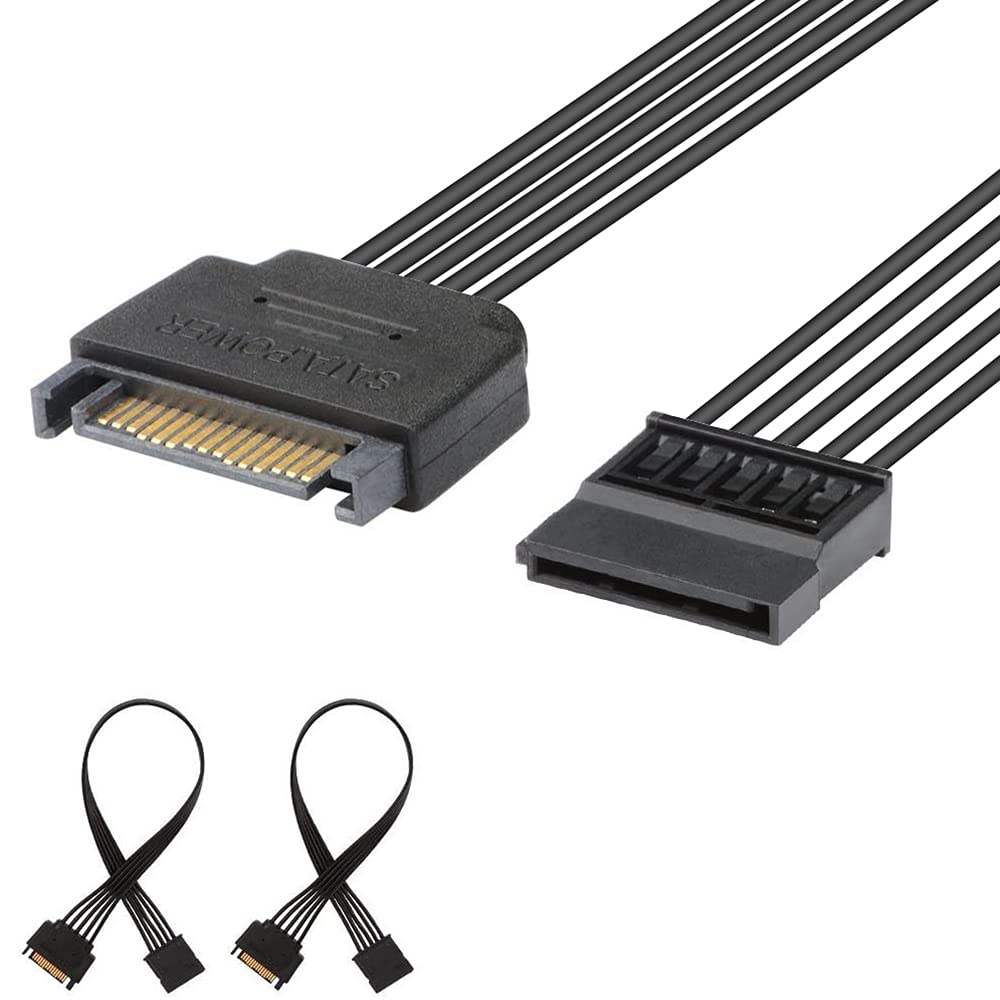 J&D 15 Pin Sata Power Extension Cable (2 Pack), Sata Male To Female Cable, Sata Power Cable Extension, 10 Inch, Black