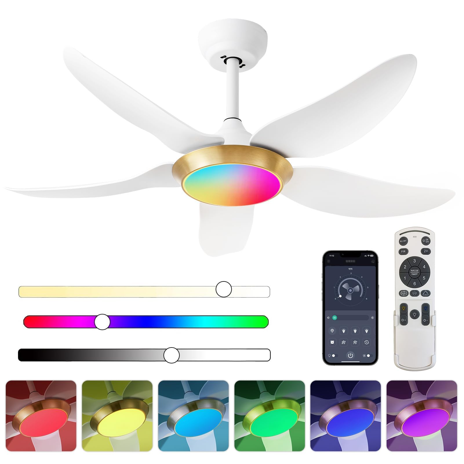 42'' Low Profile Ceiling Fan With Lights, Remote & App Control, Dimmable Led With Rgb Function, 6 Speed Reversible Dc Motor, Qui