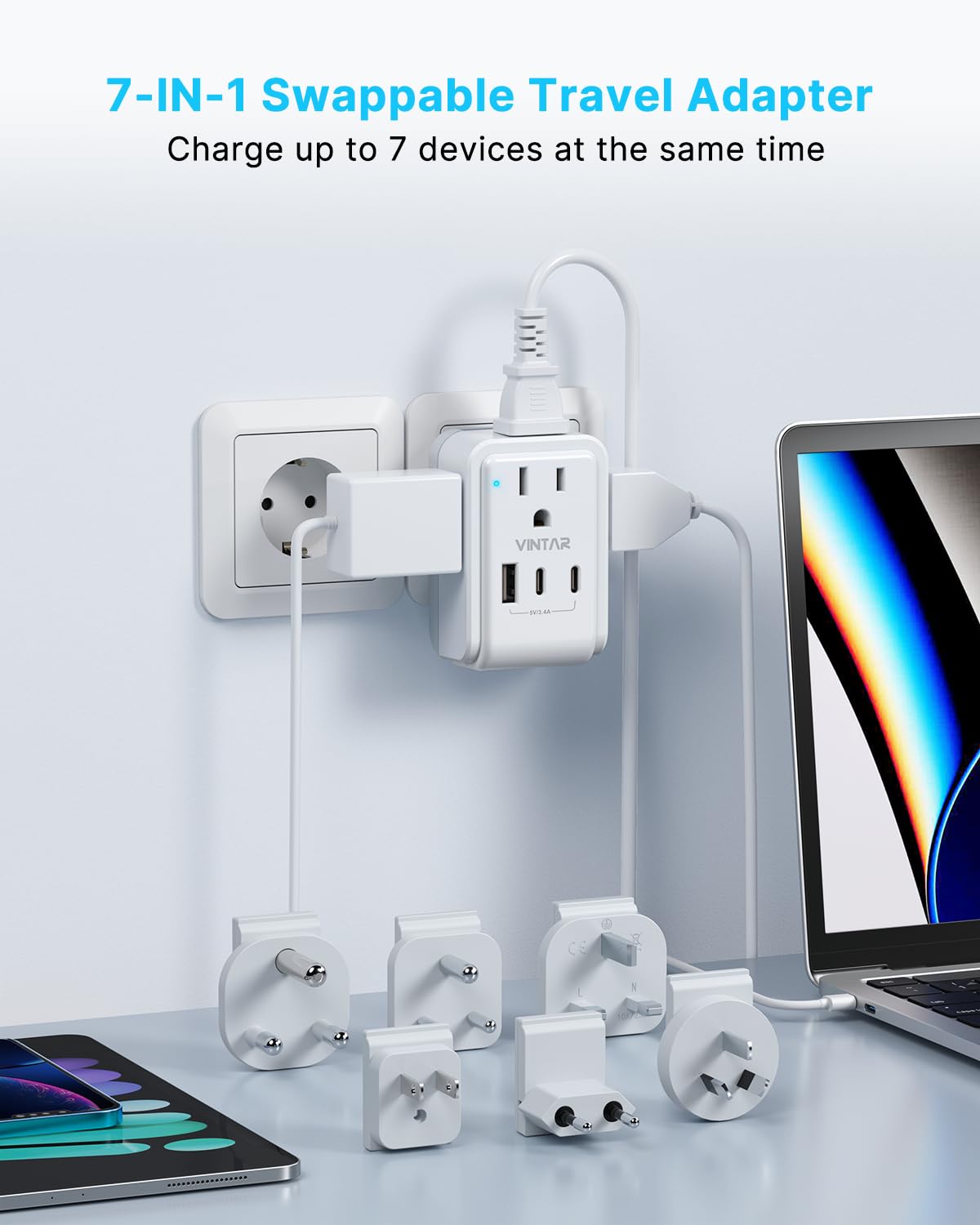Vintar Universal Travel Adapter Kit, 3Ft Detachable Extension Cord With 4 Ac Outlets & 3 Usb(2 Usb C), Type A/C/G/D/I/M Internat