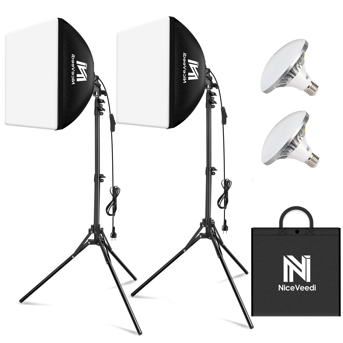 Softbox Lighting Kit, Niceveedi 2 Pack 16'' X 16'' Softbox Photography Lighting Kit With 63    Tripod Stand & 5400K 450W Equival