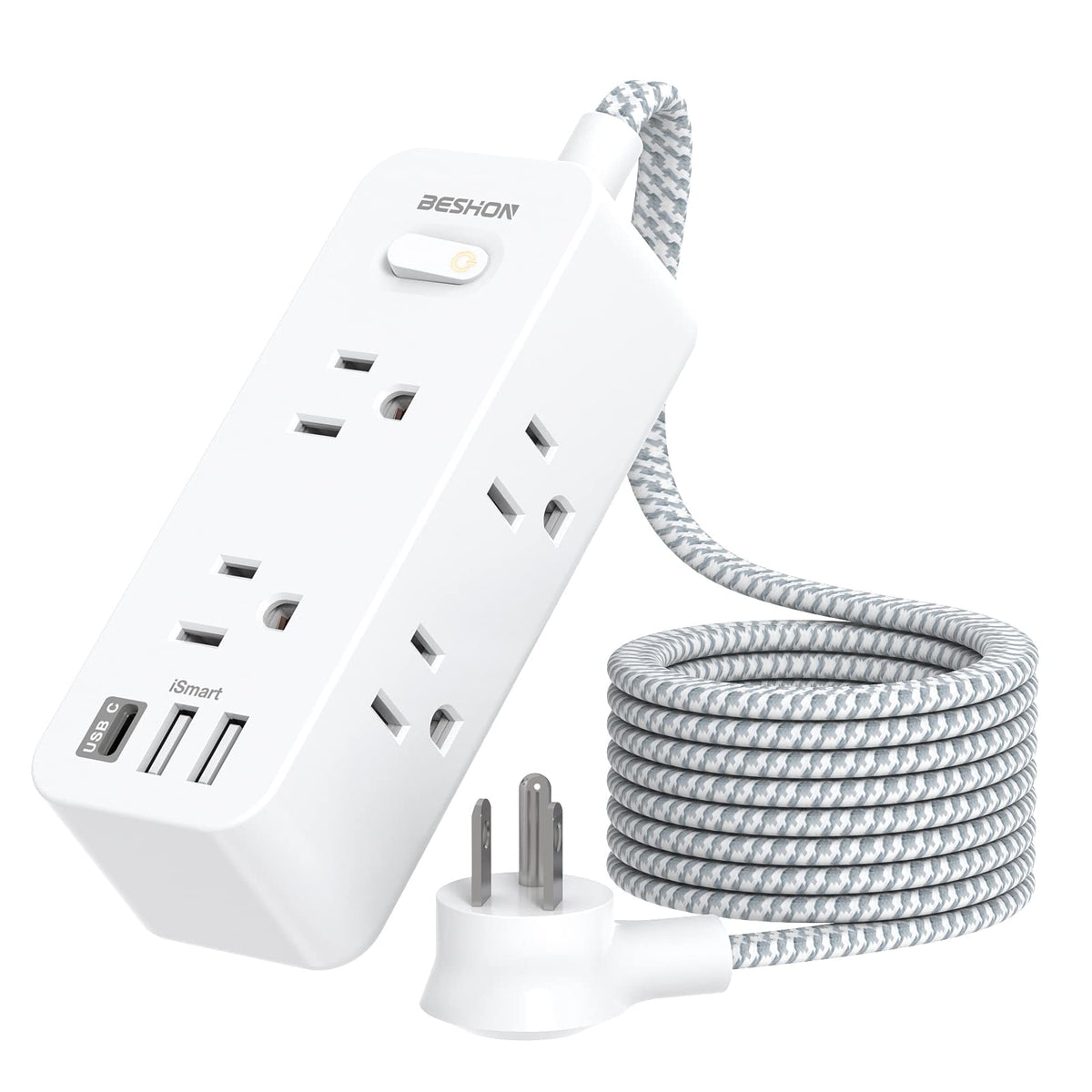 Power Strip Surge Protector, 5Ft Extension Cord, 6 Outlets With 3 Usb Ports(1 Usb C Outlet), 3 Side Outlet Extender, Wall Mount,