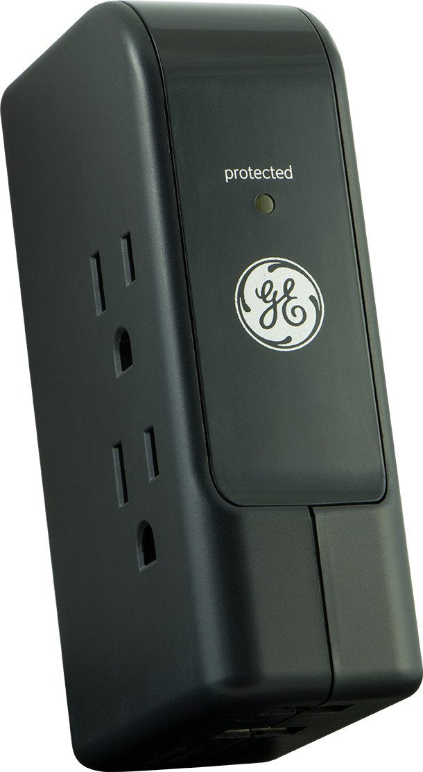GE 13456 Travel Surge, 3 Outlet, 350J, 2 USB Ports (2.4A), Foldable Prongs