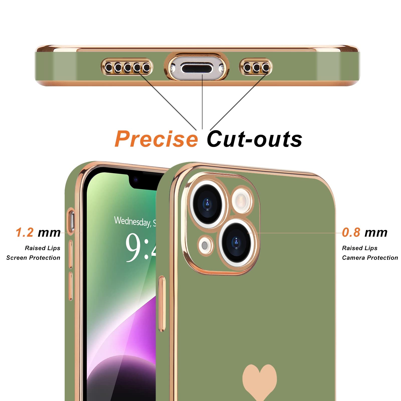 Teageo iPhone 14 Phone Case Cute Love Heart Luxury Electroplate Plating TPU Silicone Shockproof Light Green