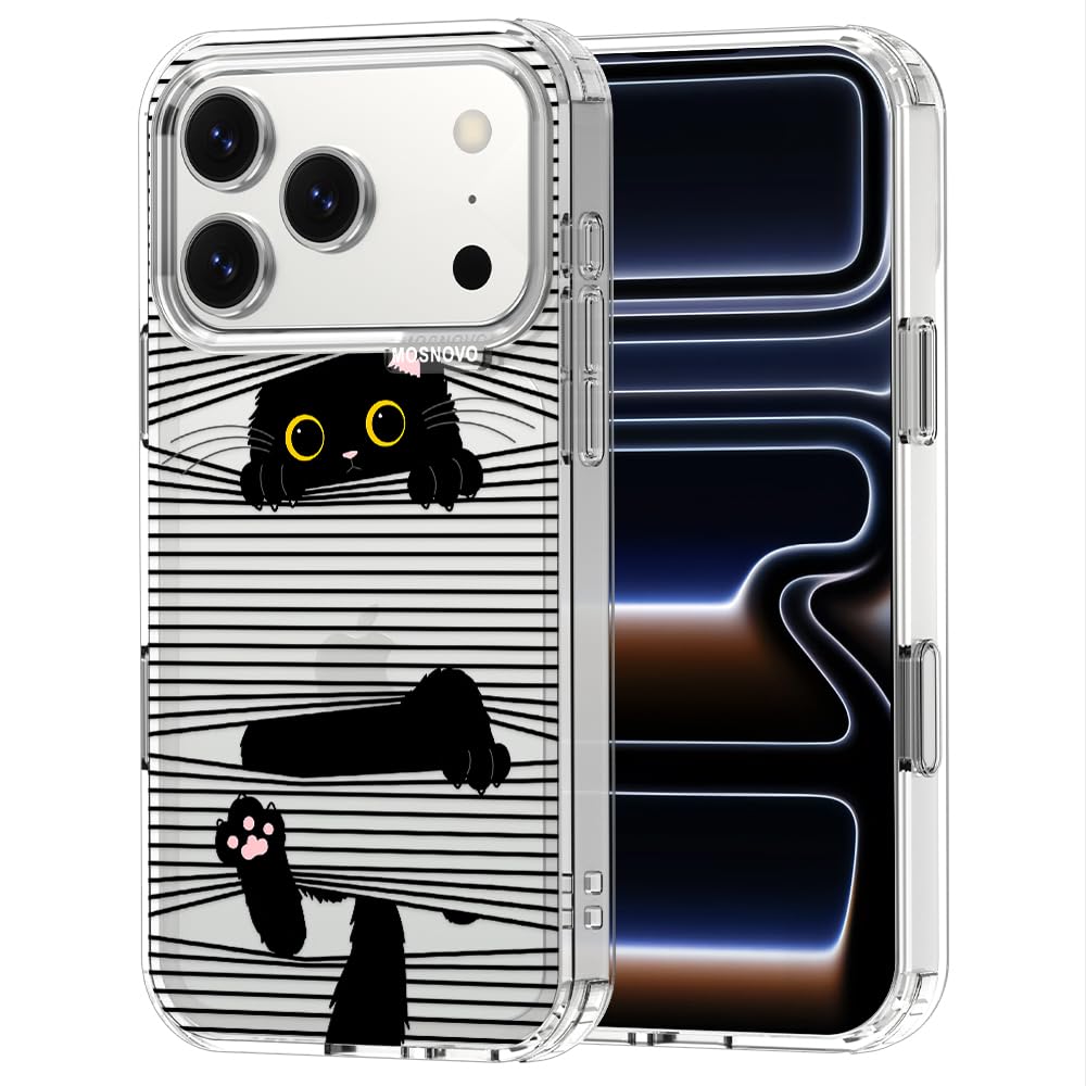 MOSNOVO for iPhone 17 Pro Case | Military Grade 6.6ft Drop Tested | Camera Control | Clear with Hidden Black Cat Design