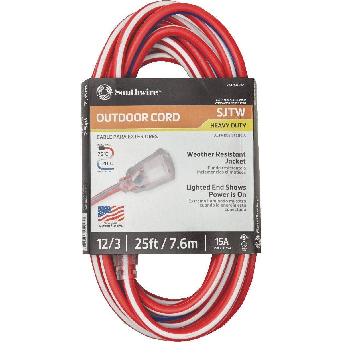 Southwire 2547Swusa1 25-Feet; Contractor Grade; 12/3; Lighted End Red White And Blue; American Made Extension Cord; Indoor And O