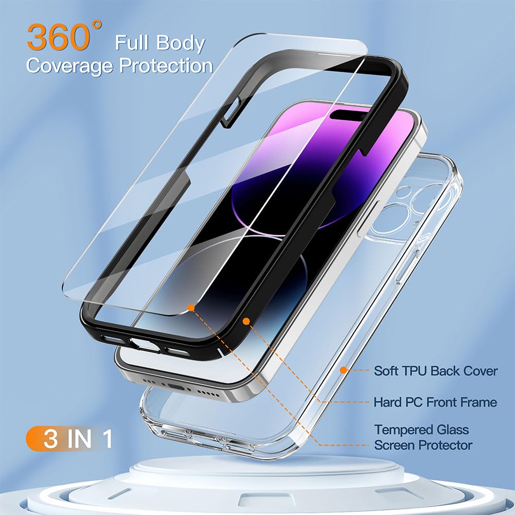 Coolqo Compatible For Iphone 14 Pro Max Case, With 9H Tempered Glass Screen Protector [Anti Yellowing] Military Grade Protection