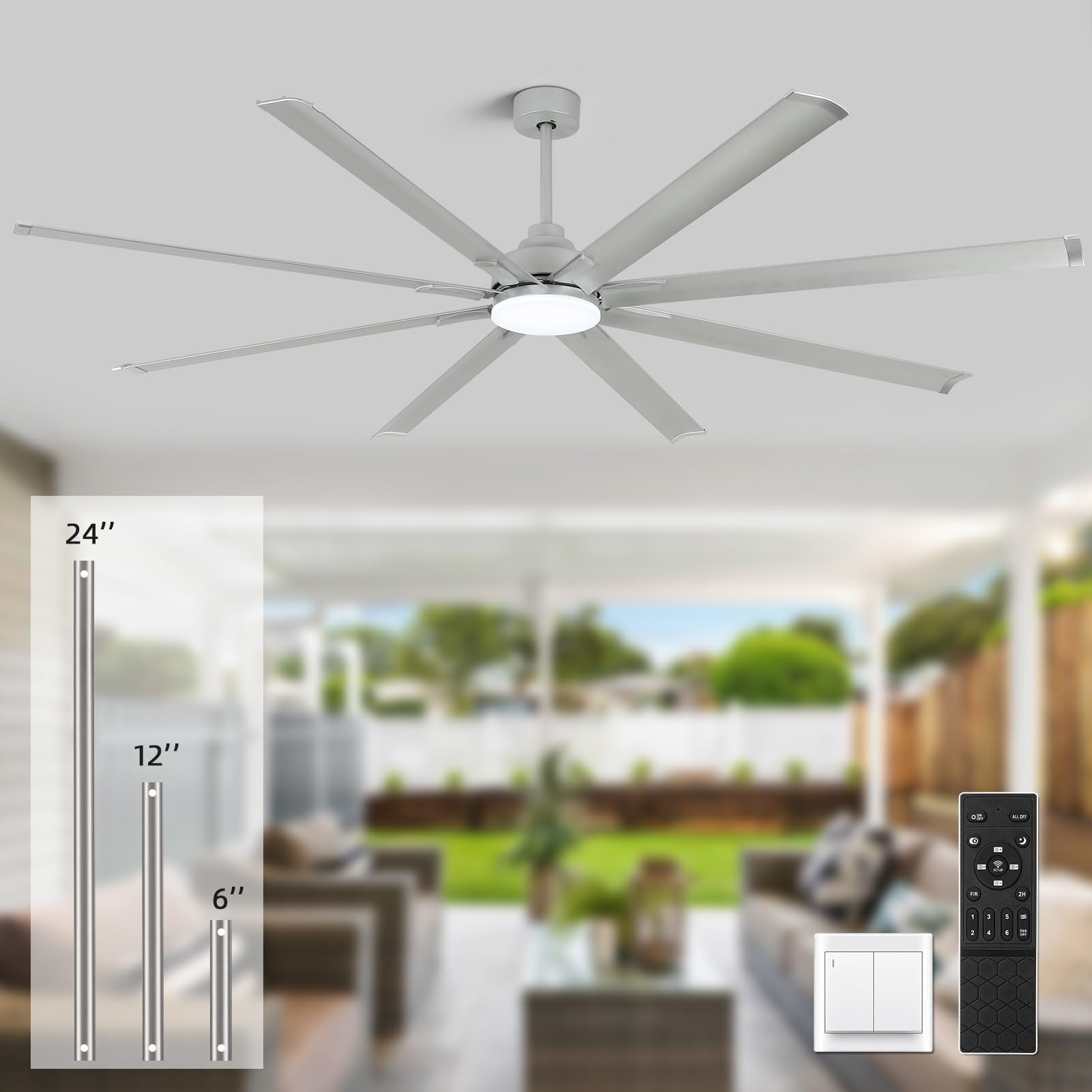 YYEHON 96 Inch Ceiling Fan with Light and Remote Control,Industrial Large Ceiling Fans with 8 Aluminum Blades, Silver,3CCT,Comme