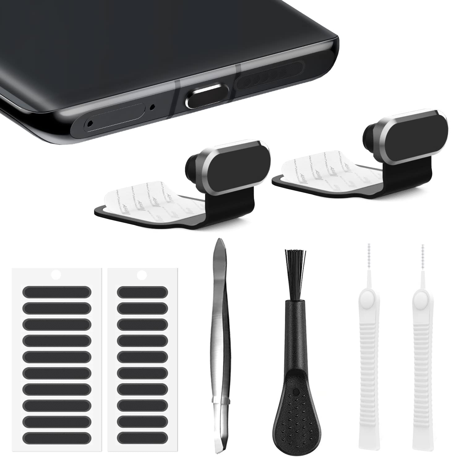 Gavemi Usb C Dust Plug, For Phones With Usb Type C Charging Port, Usb C Anti Dust Cover Cap Kit With Speaker Mesh And Mounting Accessories (Black)