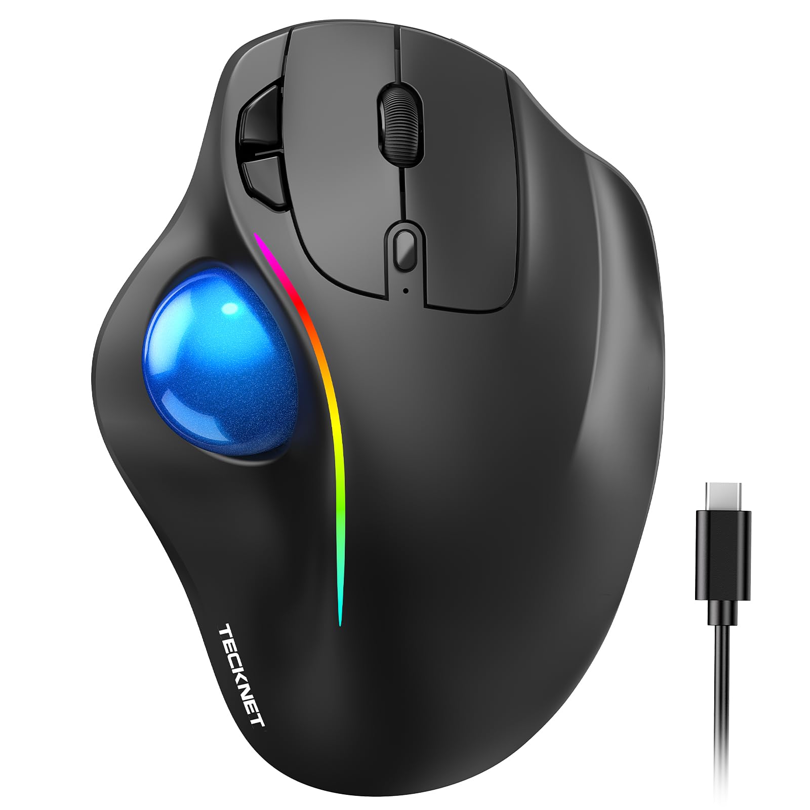 TECKNET Pro Wireless Trackball Mouse, Bluetooth Mouse with Ergonomic Thumb Control, USB-C Rechargeable, RGB Light Mice with Adju