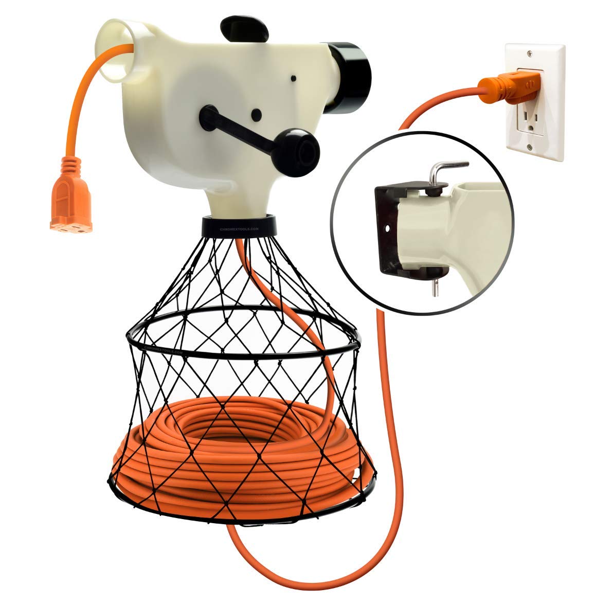 Chromex Extension Cord Reel Winder With 2 Fixed And 1 Swivel Wall Mount Brackets, Transportable From Wall To Wall