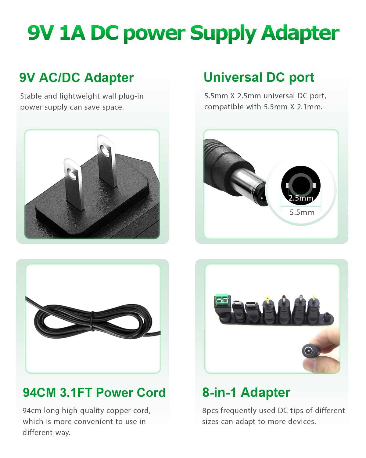 Arkare 9V 1A Dc Power Supply Adapter 9V Power Cord Ac 100V 240V To Dc 9 Volt 1Amp 1000Ma 800Ma 500Ma 0.8A 0.5A Charger For Adsl