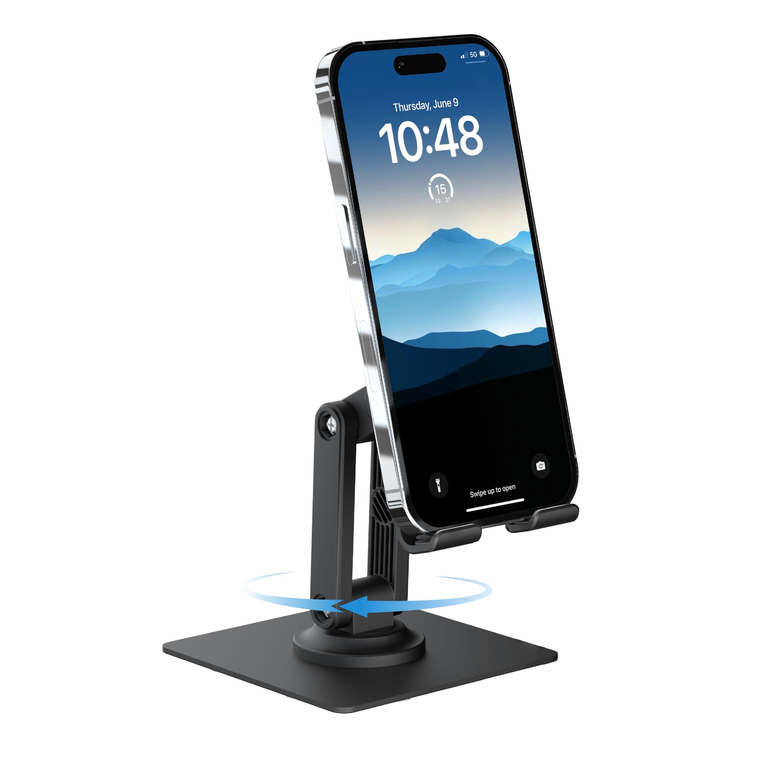 Ambrane 360 Rotation, Foldable Design Mobile Stand with Stable Metalic Round Base, Multiple Height & Angle adjustments Compatibl