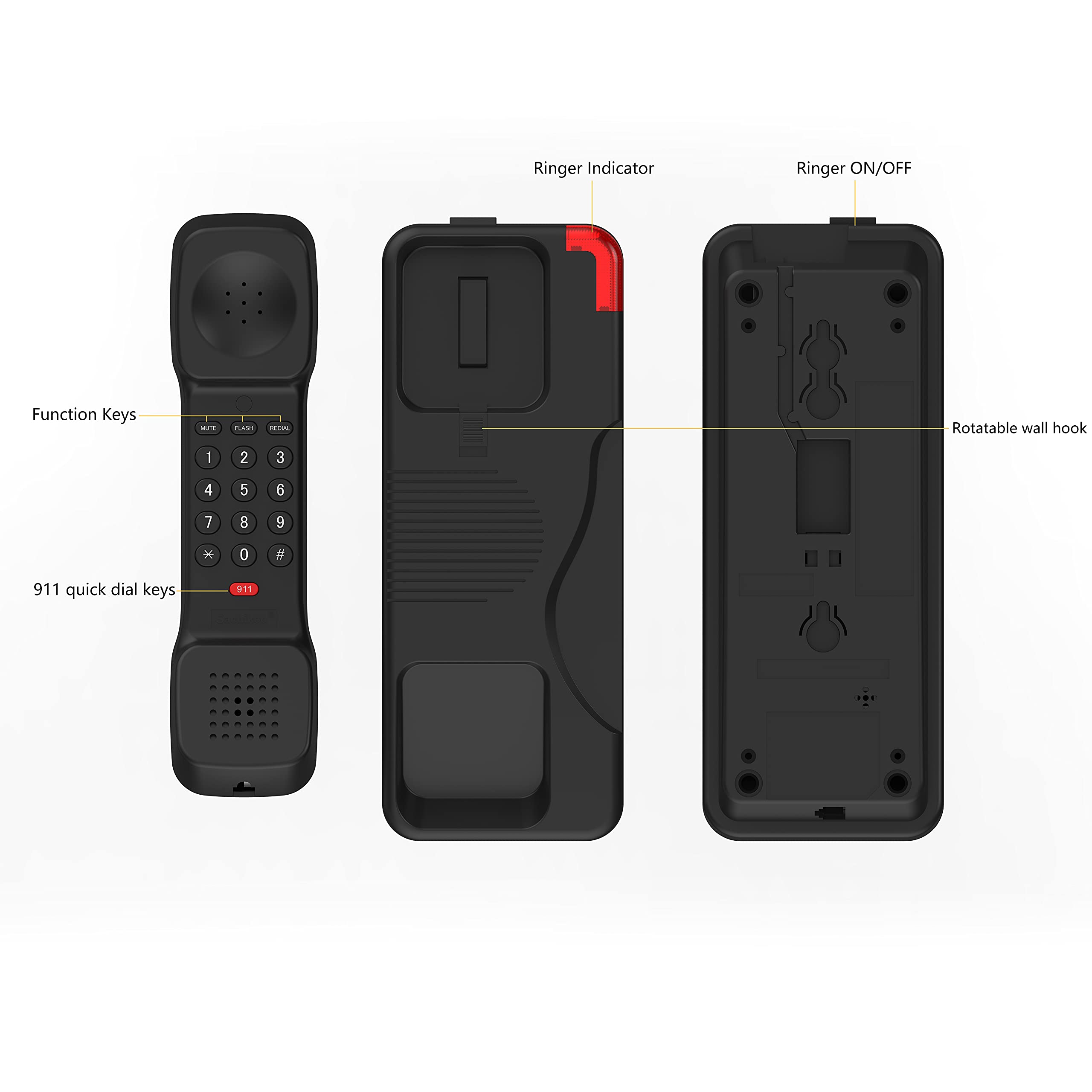 Ornin T108 Trimline Corded Telephone, Sos Key, Wall Mountable, Hotel And Home Use Phone(Black)