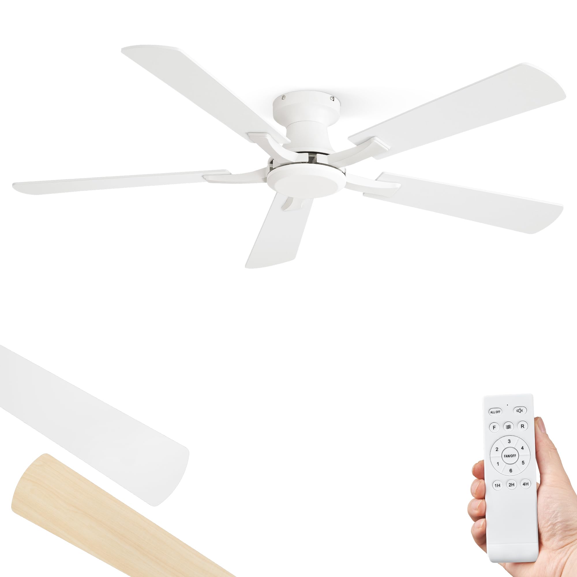 ZMISHIBO 52 Inch Ceiling Fan No Light, Flush Mount Low Profile, Modern White Ceiling Fan Without Light, Remote Control & Quiet D