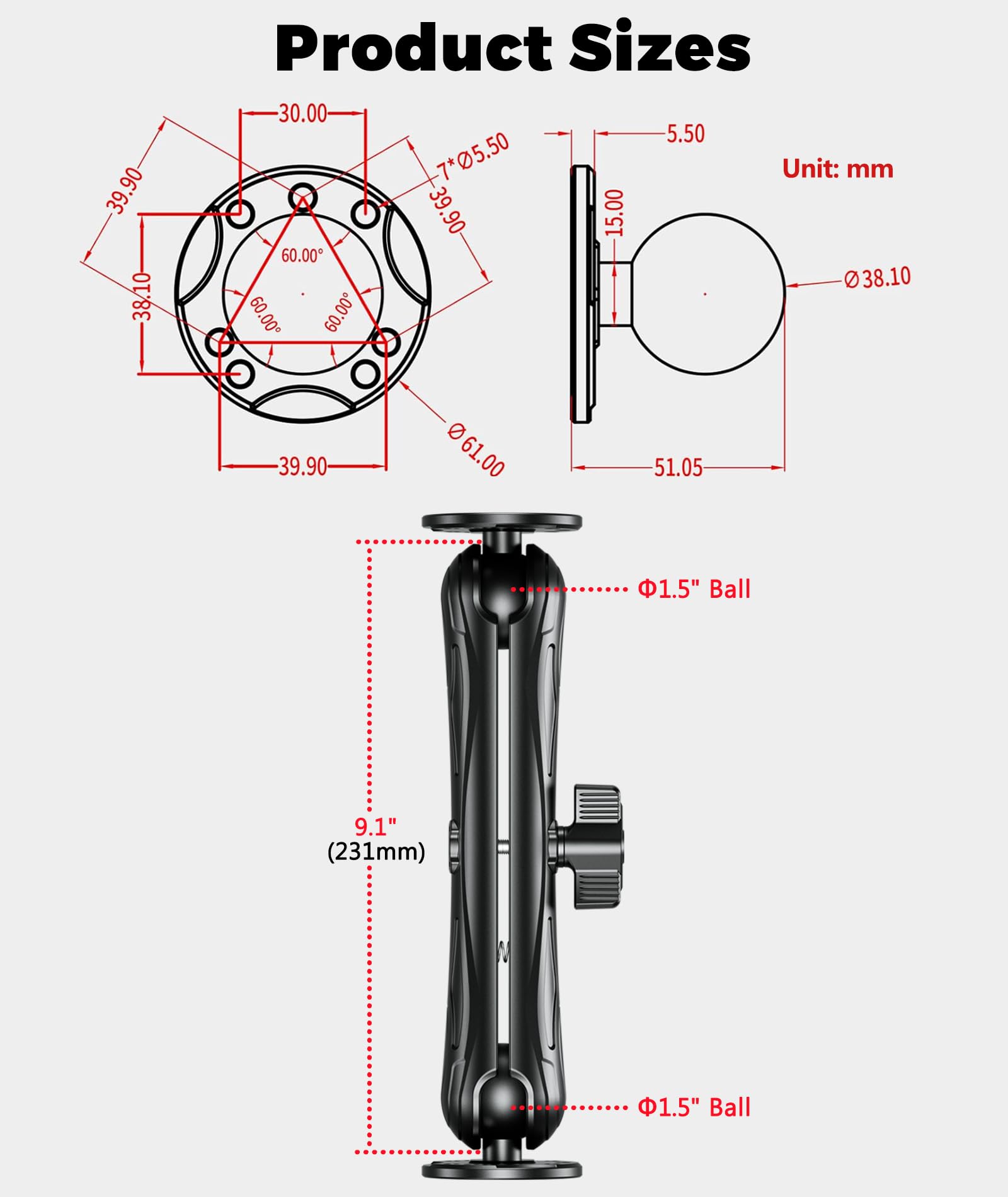 Vazeswin Aluminum Alloy Electronic Device Mount With 1.5'' Ball Round Plates, 9.1'' Long Arm Fish Finder Mount Tablet Holder, C