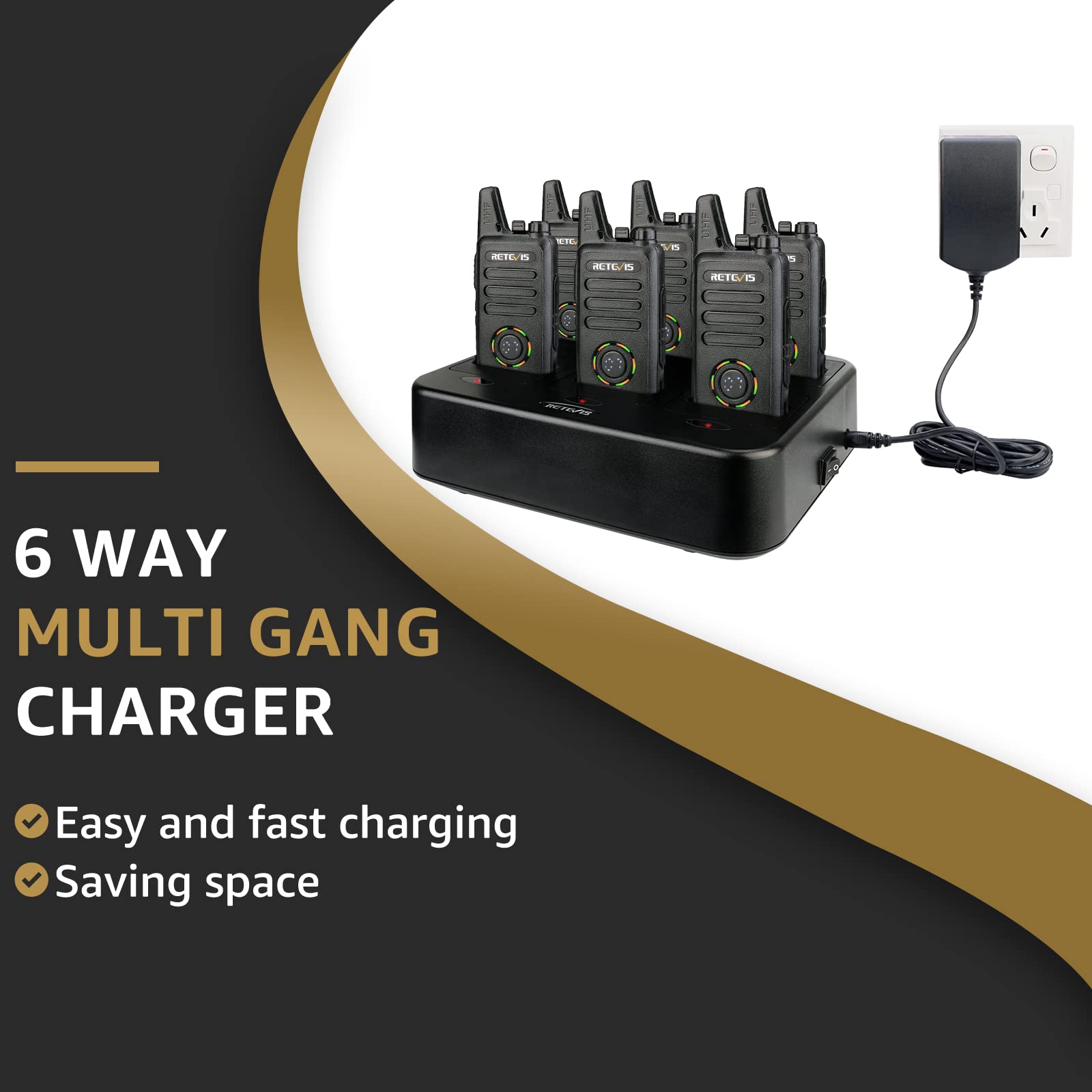 Retevis RT22S Rechargeable Walkie Talkies, Long Range 2-Way Radios with Earpiece & Mic, 6 Pack with Multi Gang Charger, Black