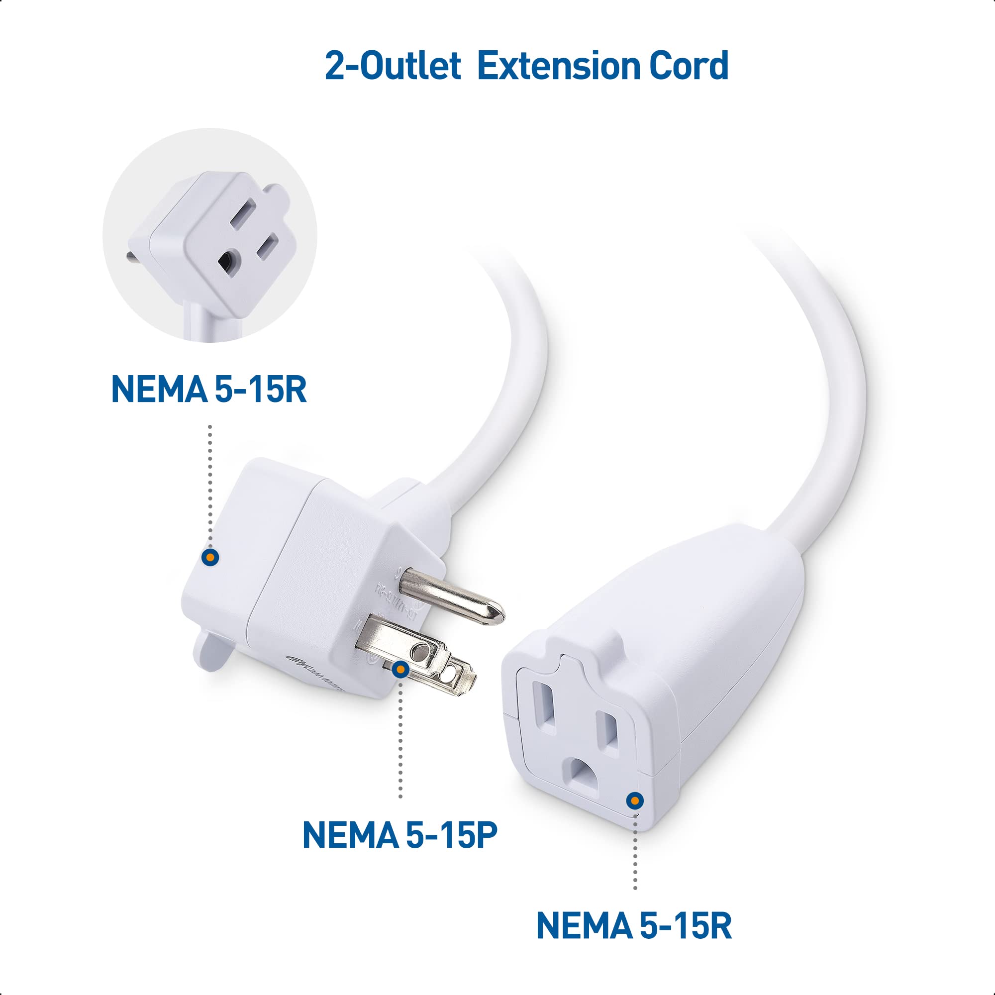Cable Matters 2-Pack 1ft White 2-Outlet Short Extension Cord, 13A/1625W Pigtail Power Splitter for Home and Office Use