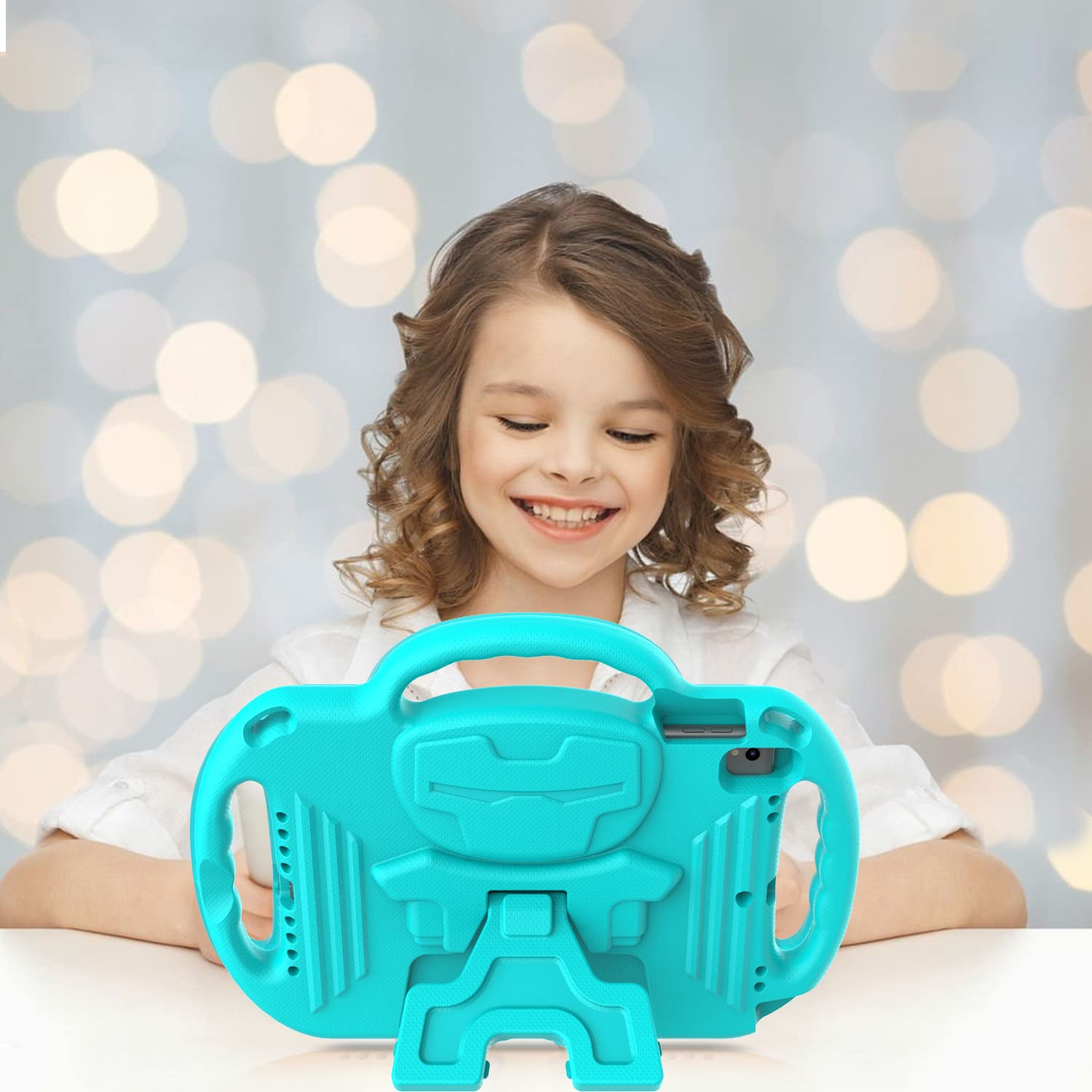 Menzo Kids Case For Ipad 9Th/8Th/7Th Generation, Shockproof Shoulder Strap Handle Stand, Turquoise