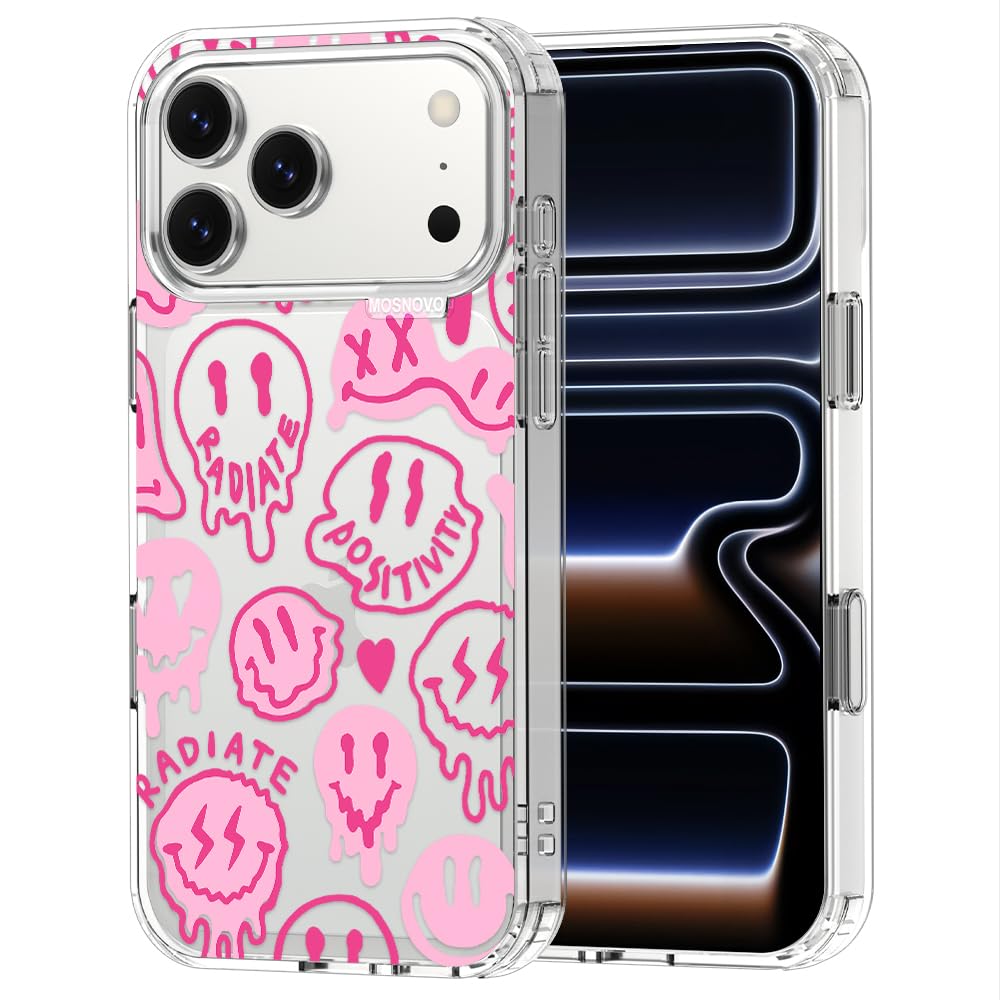 MOSNOVO for iPhone 17 Pro Max Case | Military Grade 6.6ft Drop Tested | Camera Control | Clear with Pink Dripping Smiles Design