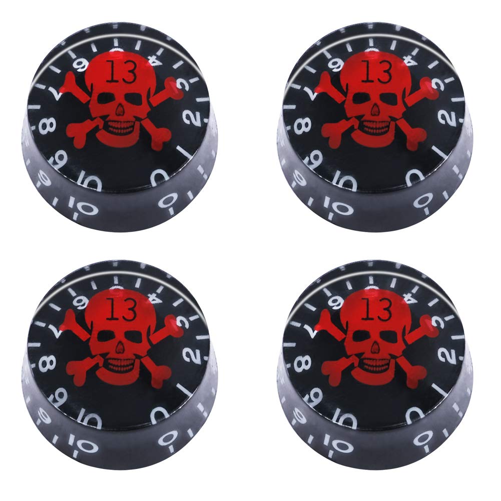 Mxuteuk 4Pcs Skull Electric Guitar Knob Bass Top Hat Knobs Speed Volume Tone Knob Amp Effect Pedal Control Knobs Black With Red