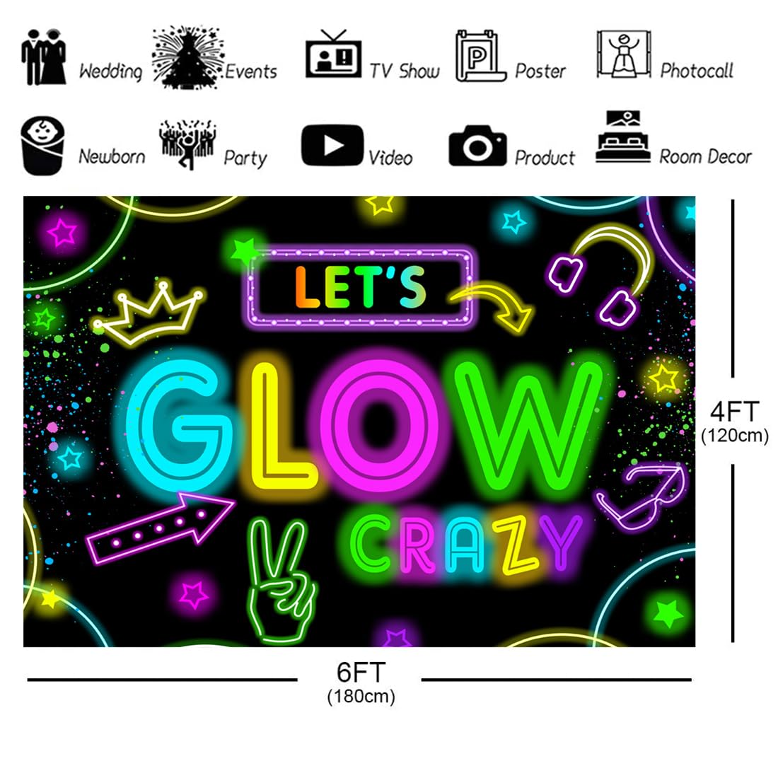Wollmix Neon Glow Party Decorations Supplies Backdrop 6X4Ft Glow In The Dark Lets Glow Banner Photography Background Birthday Sl